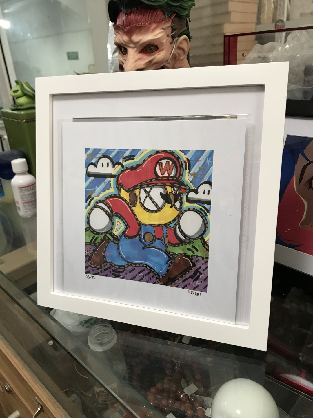零元拍：歪歪亲笔签名 OWSON系列限量插画复制画《超级玛丽》，尺寸约22/22厘米，拍品不含镜框