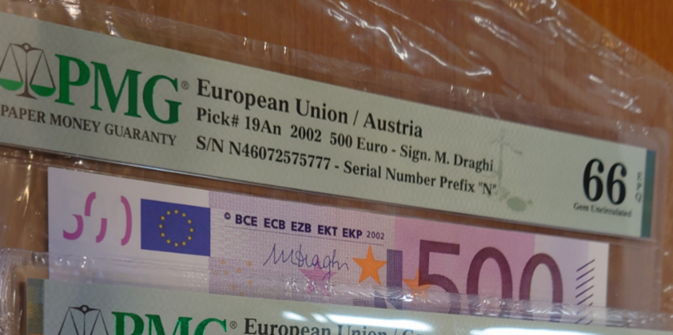 【囧羊收藏】精选微拍第45期暨2022年第二期 世界纸币精选 2002年500欧 三签豹子号777 PMG66E