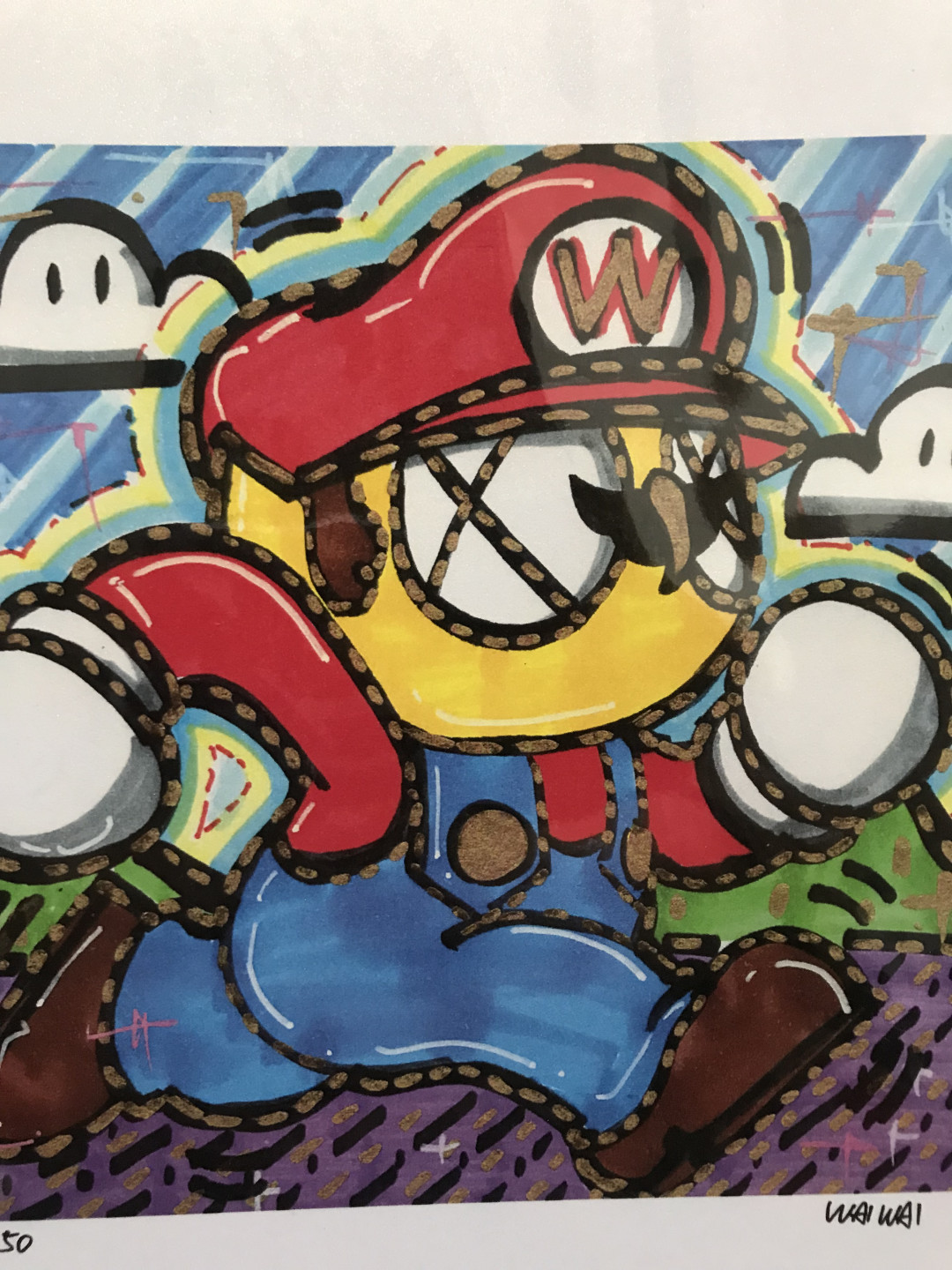 零元拍：歪歪亲笔签名 OWSON系列限量插画复制画《超级玛丽》，尺寸约22/22厘米，拍品不含镜框