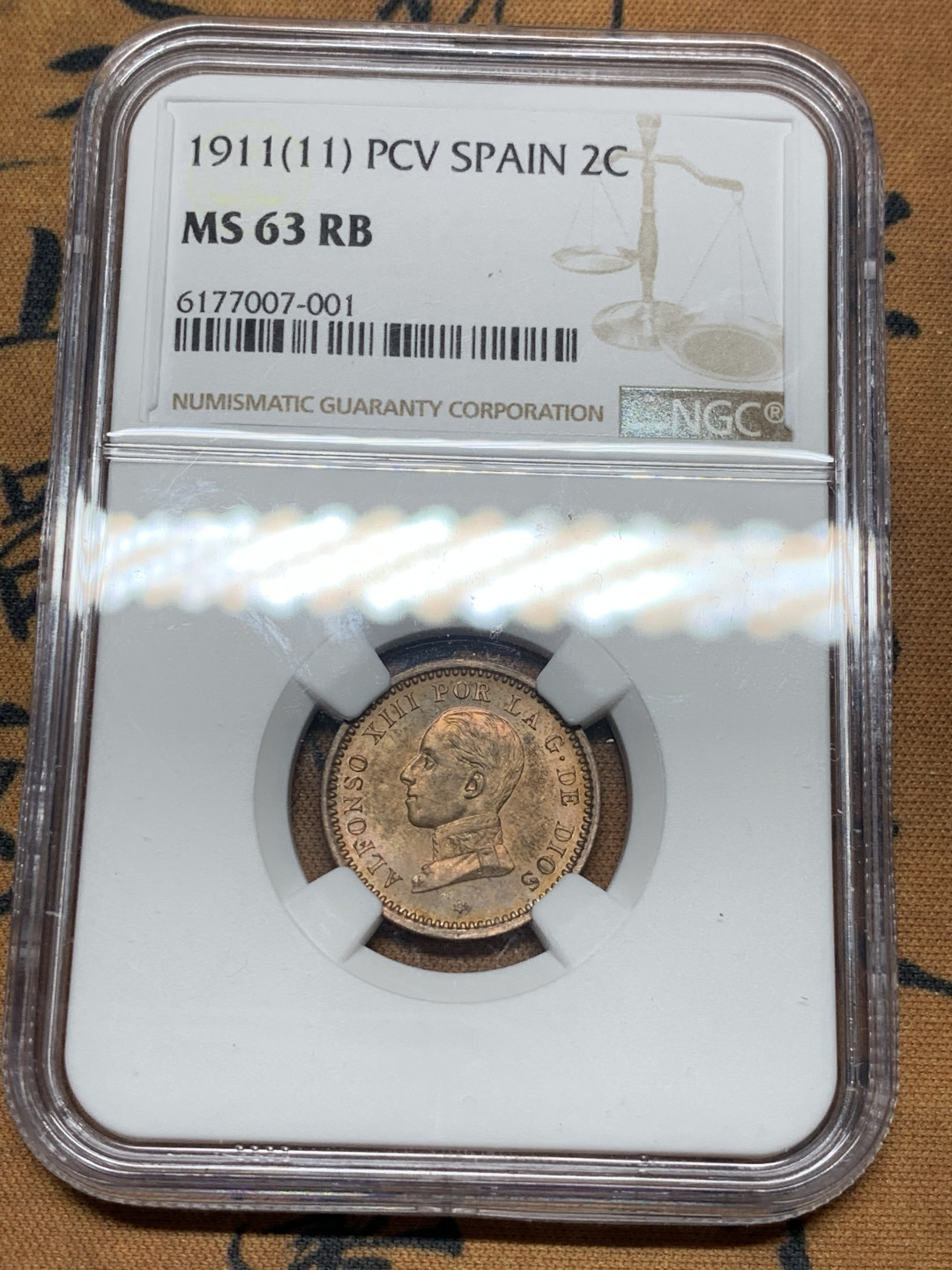 《竞宝斋》第30场-周日，周一，周二3场连拍（全场顺丰包邮） NGC-MS63 西班牙 1911年 阿方索十三世 2分 原光铜币 小豪子高分难得