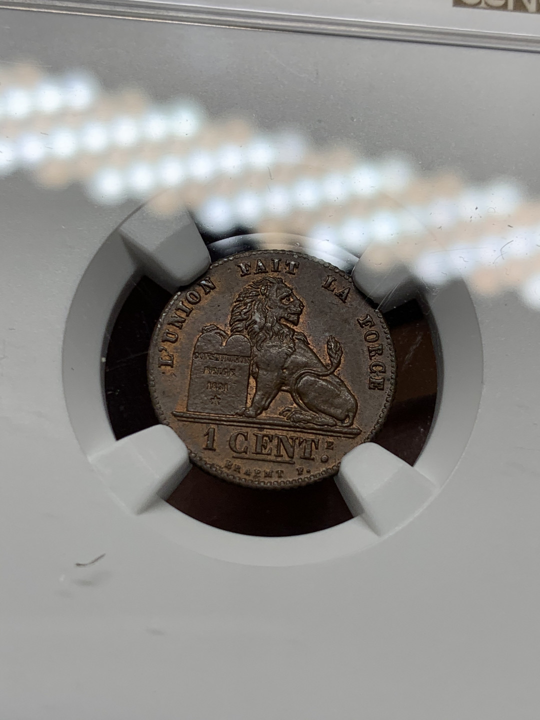 《竞宝斋》第30场-周日，周一，周二3场连拍（全场顺丰包邮） NGC-MS63 比利时 1914年 雄狮 原光1分 铜币 少见的辅币