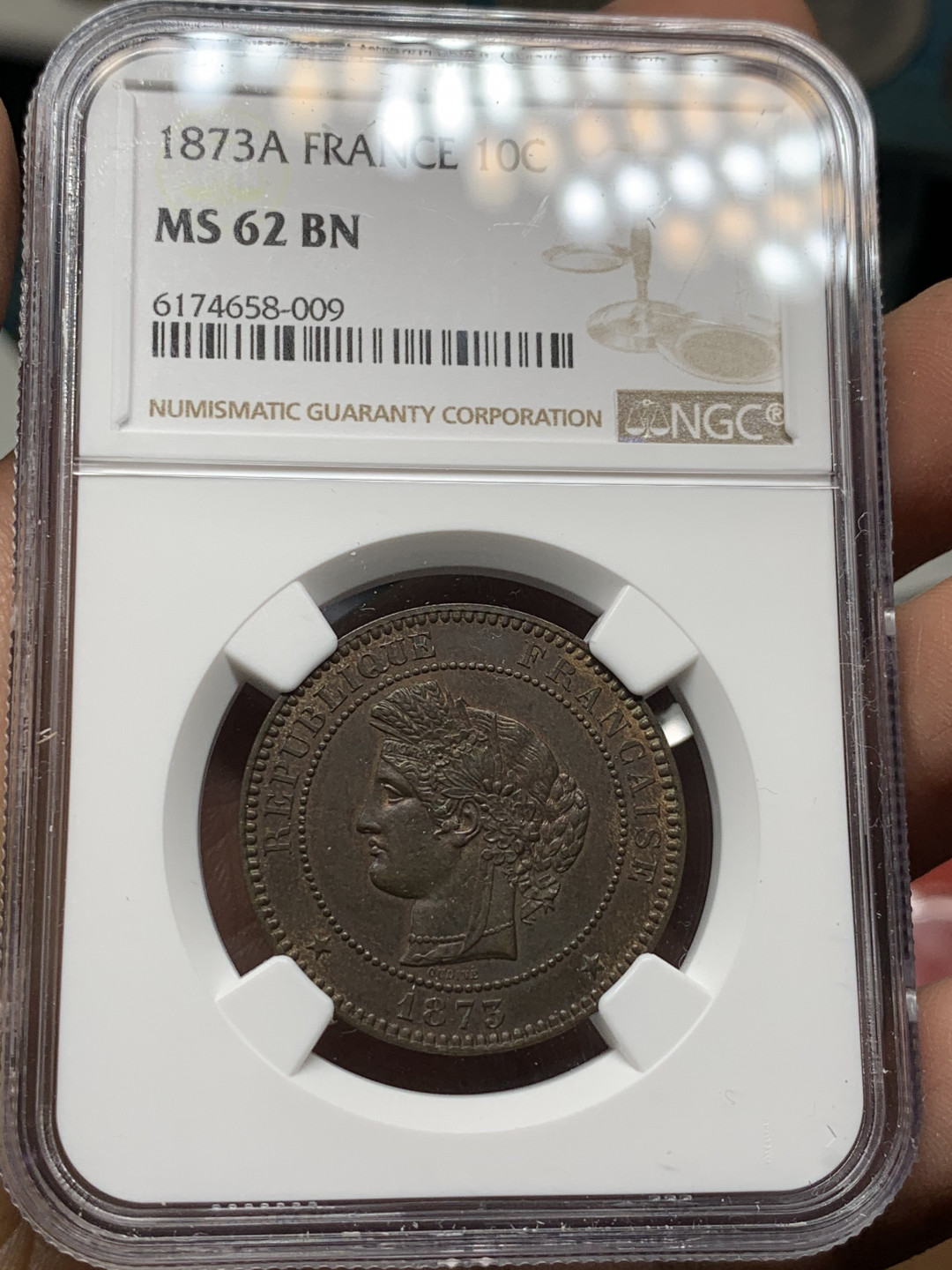 《竞宝斋》第30场-周日，周一，周二3场连拍（全场顺丰包邮） 亚军 NGC-MS62 法国 1873-A年 谷物女神 10分 铜币 好品辅币非常难得