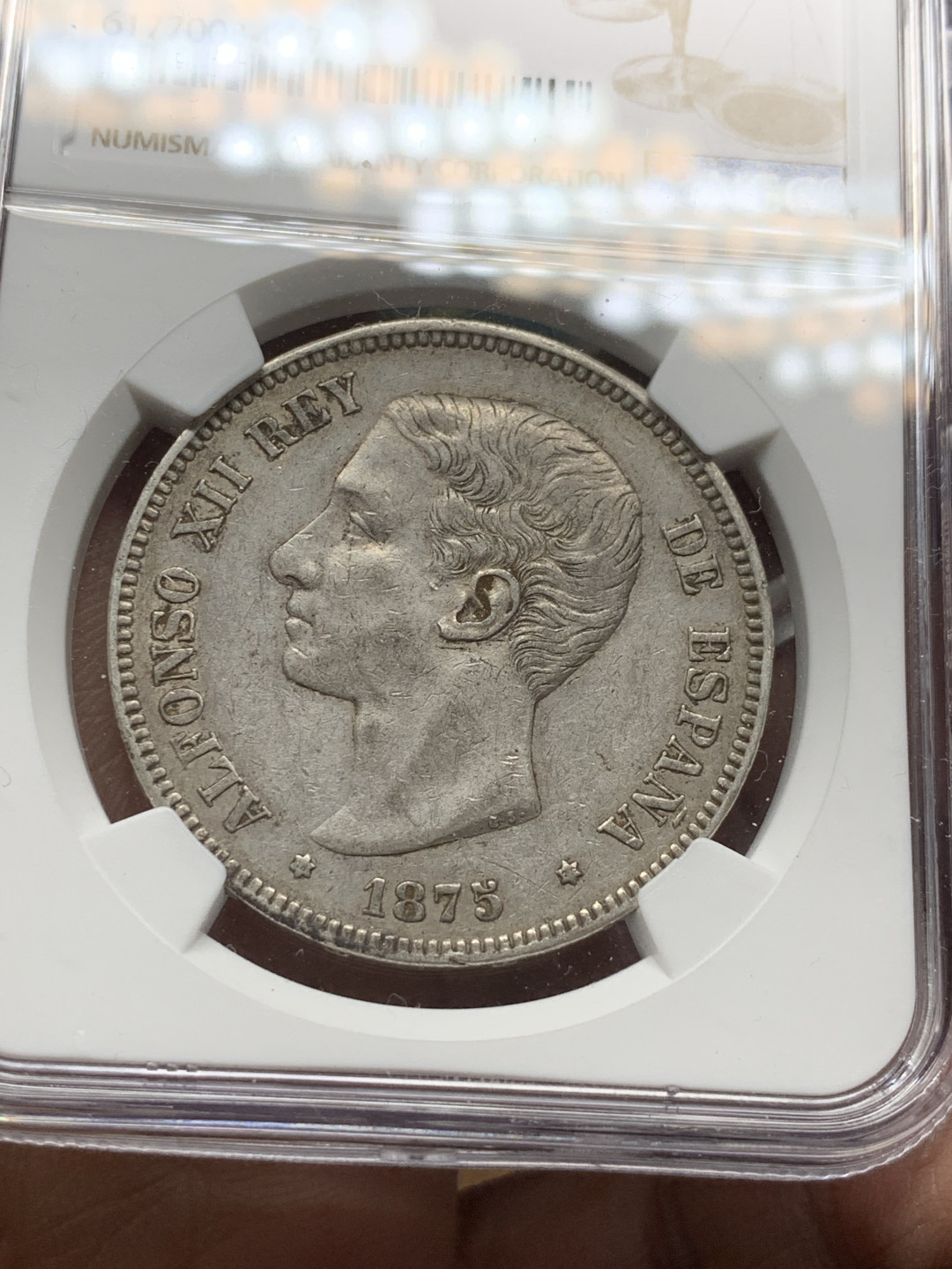 《竞宝斋》第30场-周日，周一，周二3场连拍（全场顺丰包邮） NGC-XF45 西班牙 1875年 阿方索十二世 5比塞塔双柱银币 老包浆好品