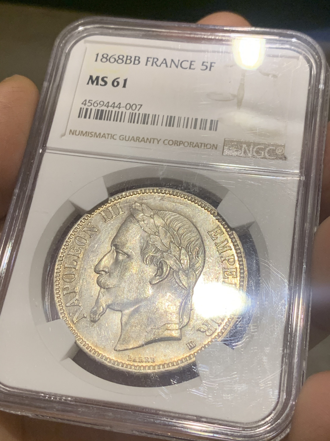 《竞宝斋》第30场-周日，周一，周二3场连拍（全场顺丰包邮） NGC-MS61 法国 1868年 拿破仑三世5法郎银币 全光状态 底板一流 