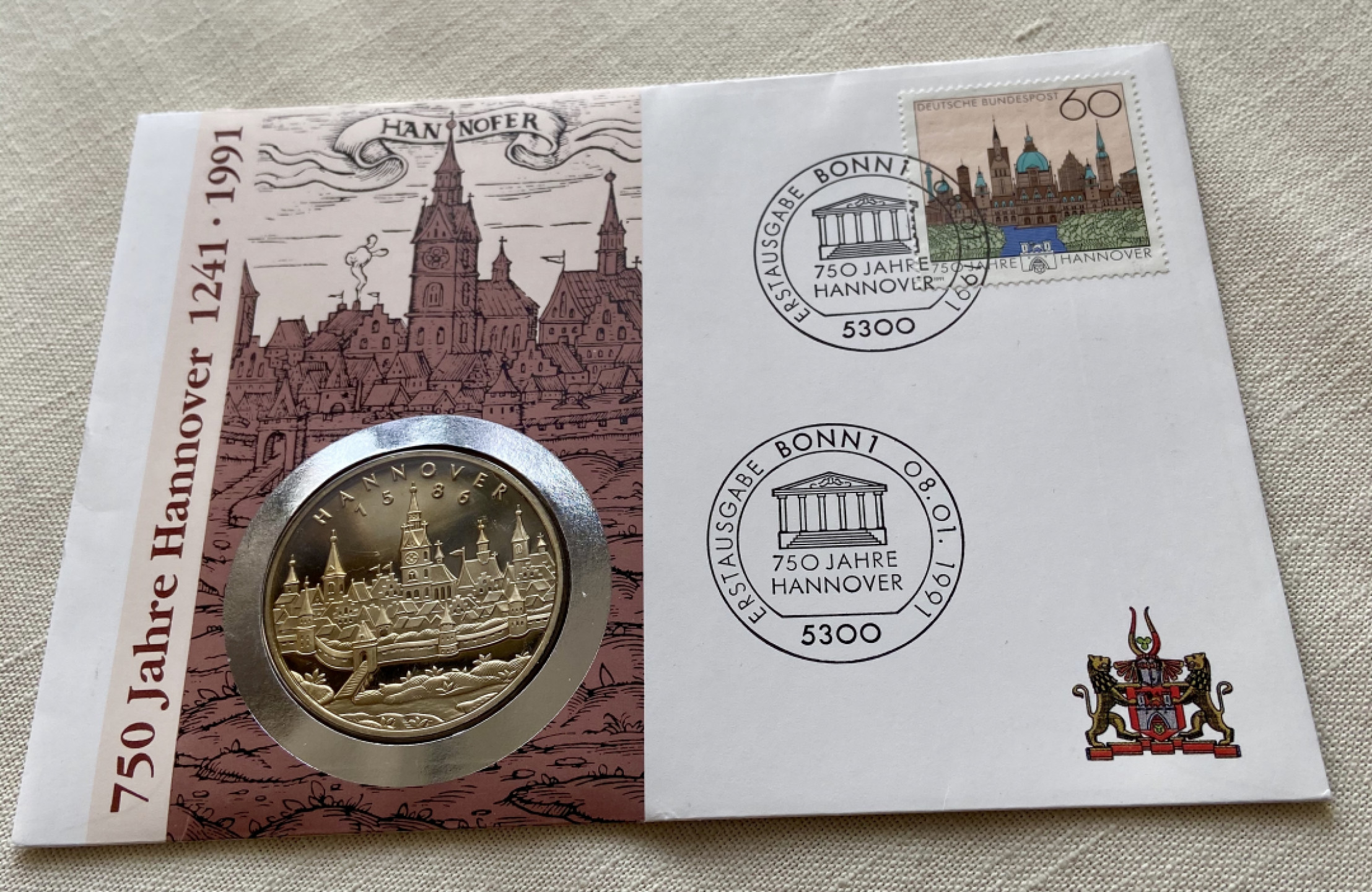 【Numismatist】第四场-0起拍-0佣金-包邮-世界硬币 汉诺威750周年纪念章 1241-1991年 克朗型大铜章 铜章和邮票对应