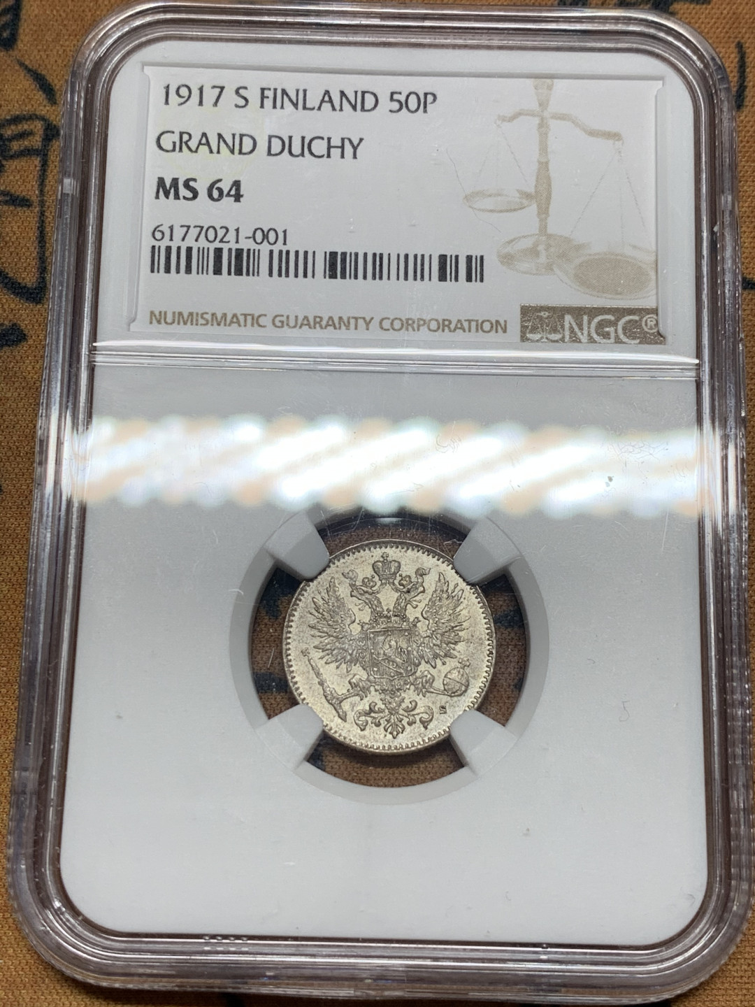 《竞宝斋》第30场-周日，周一，周二3场连拍（全场顺丰包邮） NGC-MS64 俄属芬兰 1917-S年 50分 银币 高分状态