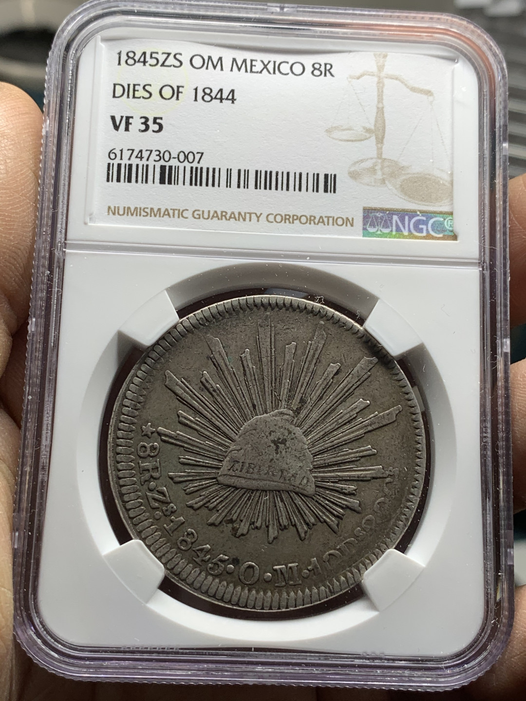 《竞宝斋》第30场-周日，周一，周二3场连拍（全场顺丰包邮） NGC-VF35 墨西哥 1845Zs年 鹰洋 8R 银币 磨具1844年版 更高分只有四枚 非常罕见