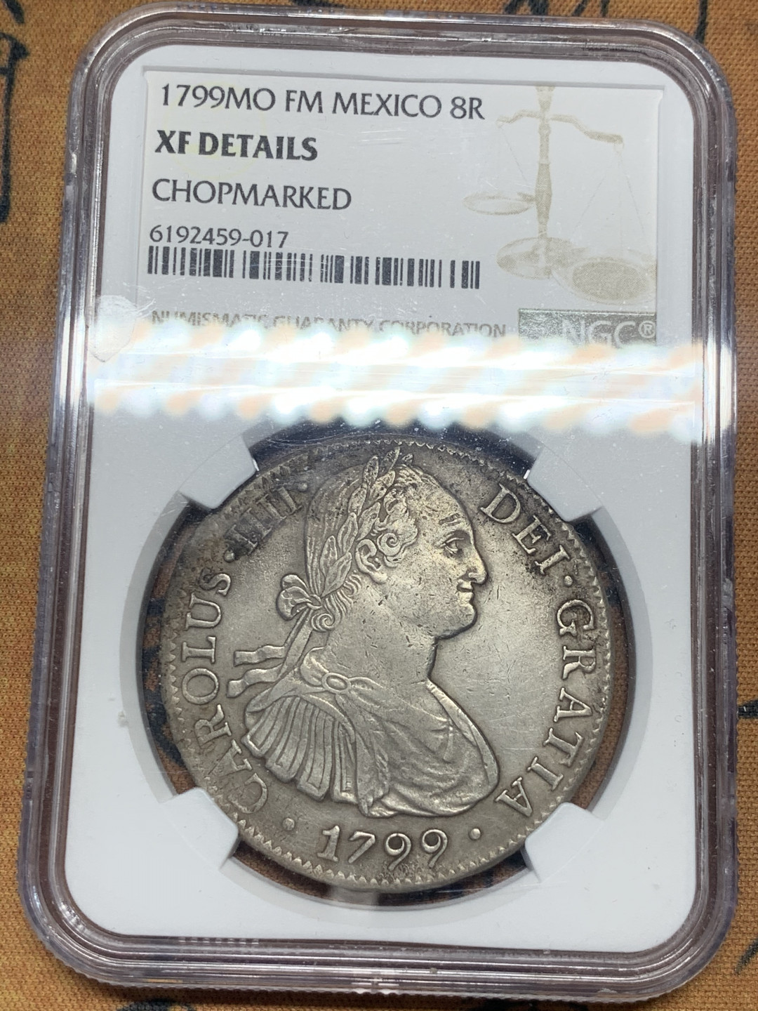 《竞宝斋》第30场-周日，周一，周二3场连拍（全场顺丰包邮） NGC评级 墨西哥1799年 卡四 8R 双柱大银币 原味好细节