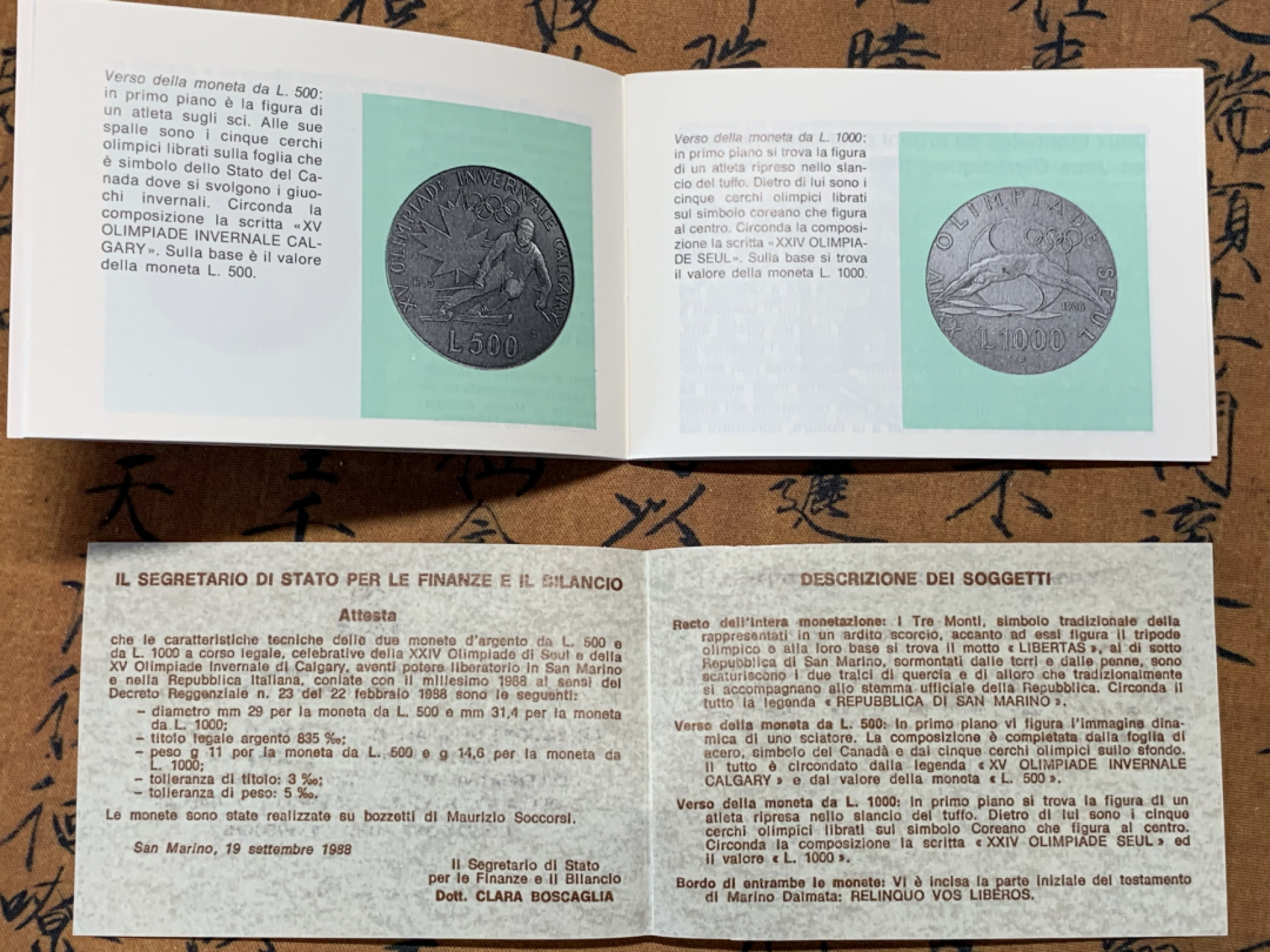 《竞宝斋》第30场-周日，周一，周二3场连拍（全场顺丰包邮） 原盒证书 圣马力诺 1988年冬奥会 500/1000里拉 精制PROOF银币一对 完美状态