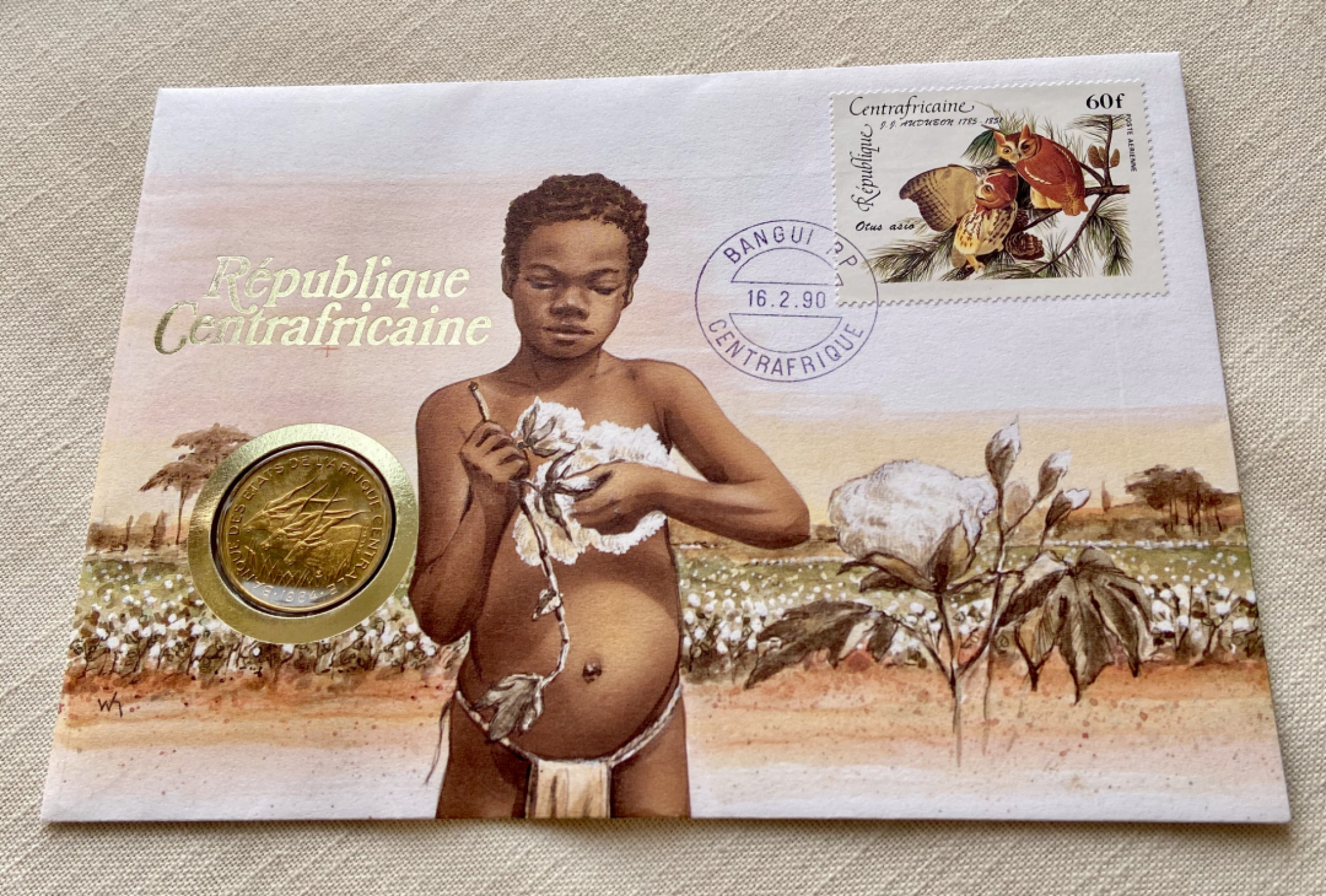 【Numismatist】第四场-0起拍-0佣金-包邮-世界硬币 法属中非1984年25法郎铜币 邮币封 硬币直径27.2mm 信封人物很非洲