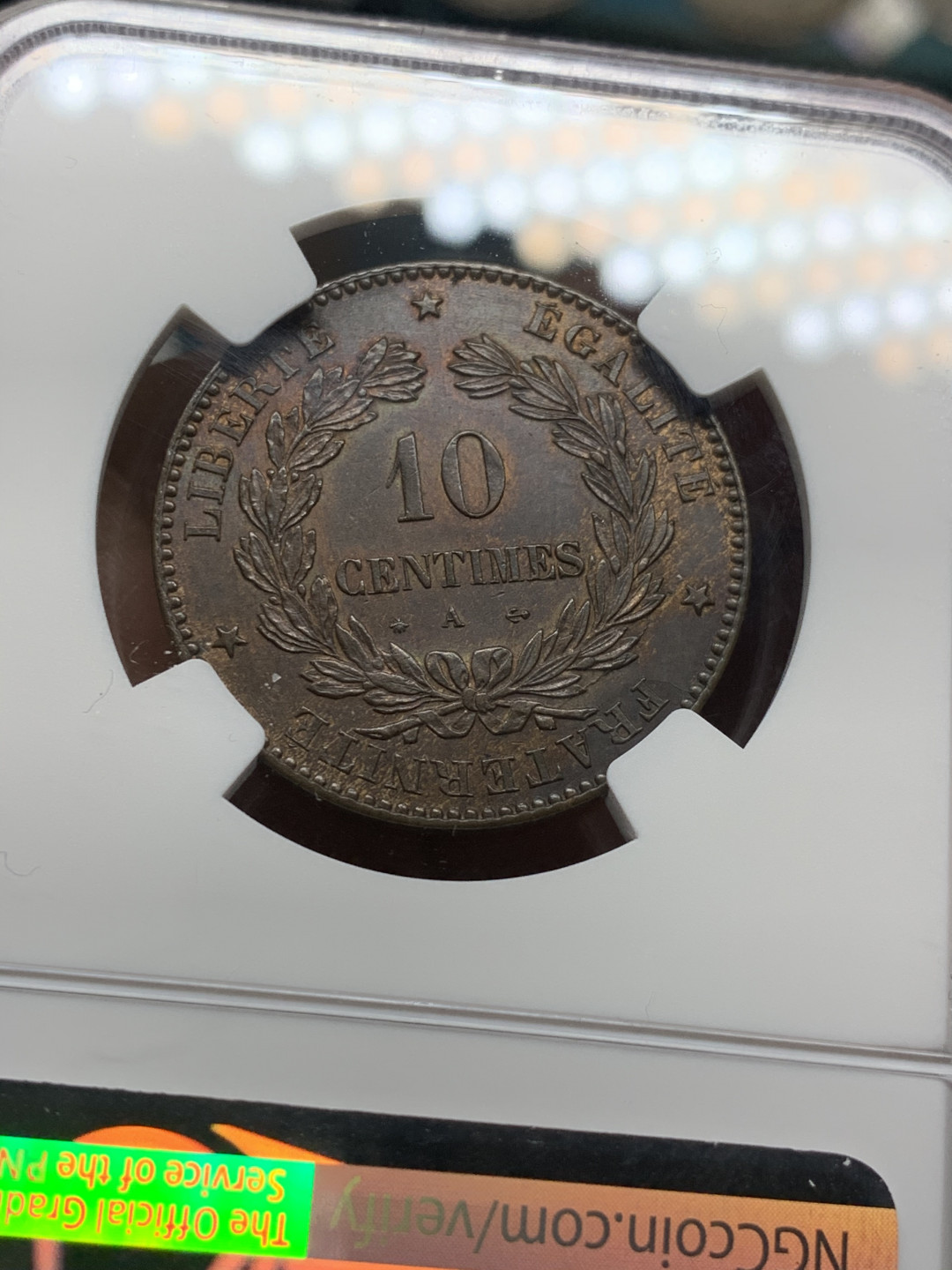 《竞宝斋》第30场-周日，周一，周二3场连拍（全场顺丰包邮） 亚军 NGC-MS62 法国 1873-A年 谷物女神 10分 铜币 好品辅币非常难得