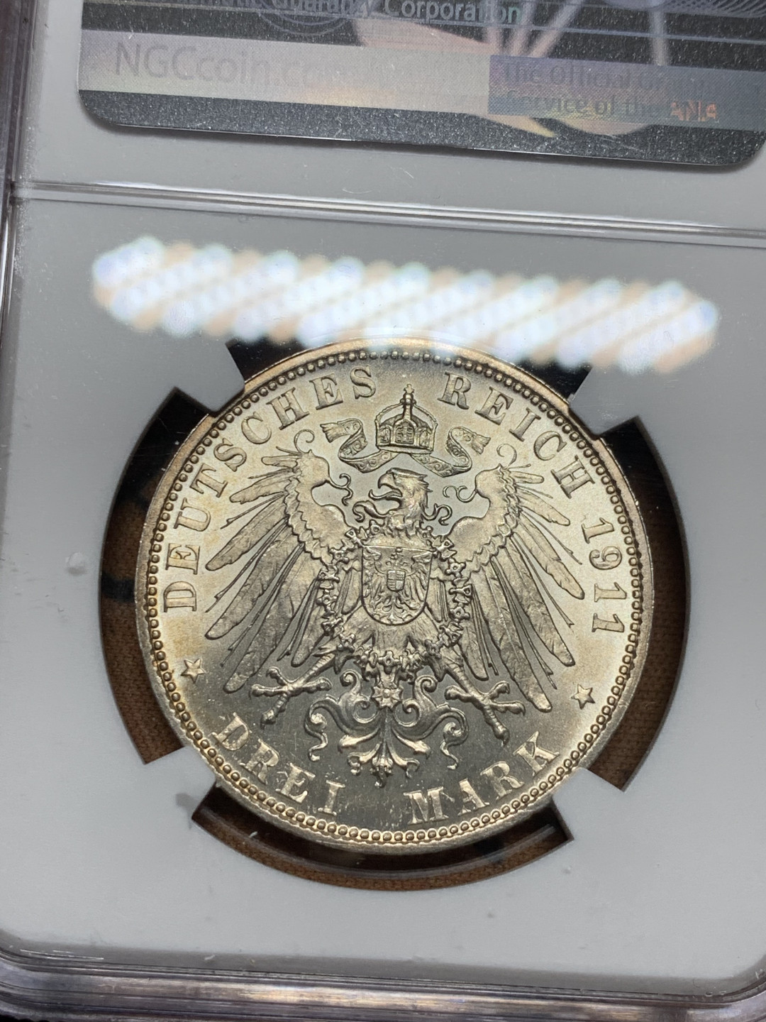 《竞宝斋》第30场-周日，周一，周二3场连拍（全场顺丰包邮） NGC-UNC 德国巴伐利亚 1911年 90周年纪念 3马克 银币 原光原味好品 错杀没给分可惜