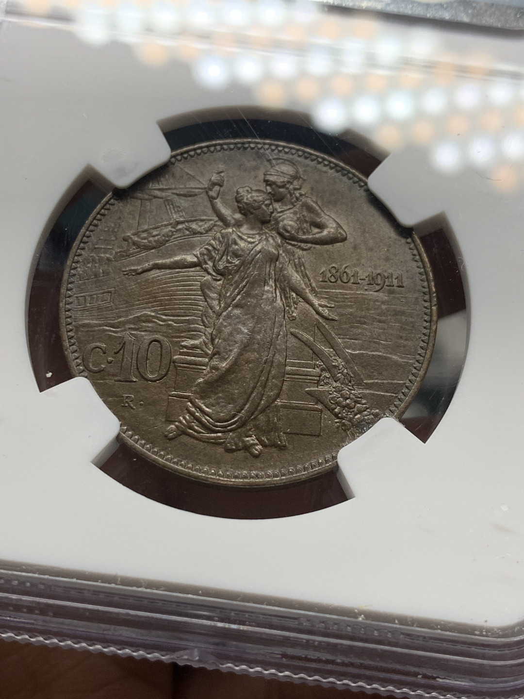 《竞宝斋》第30场-周日，周一，周二3场连拍（全场顺丰包邮） NGC-MS63 意大利 1911年 托奶10分 铜币 难得好品