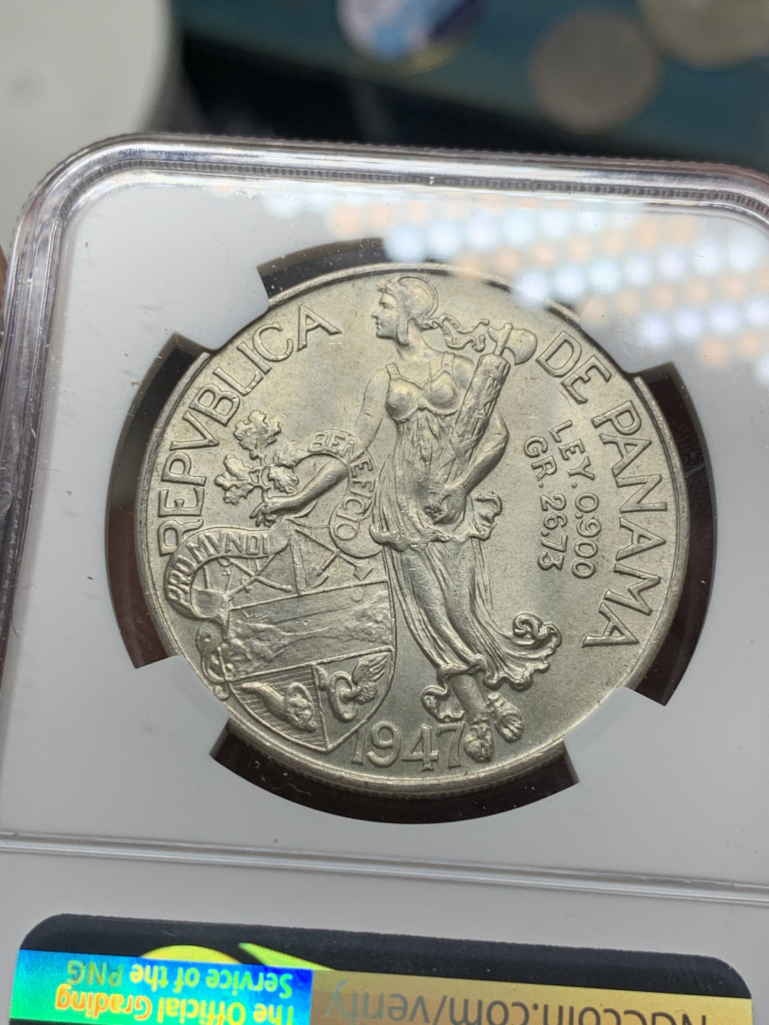 《竞宝斋》第30场-周日，周一，周二3场连拍（全场顺丰包邮） NGC-MS63 巴拿马 1947年 女神 1B 大银币 转光好品 顶级状态