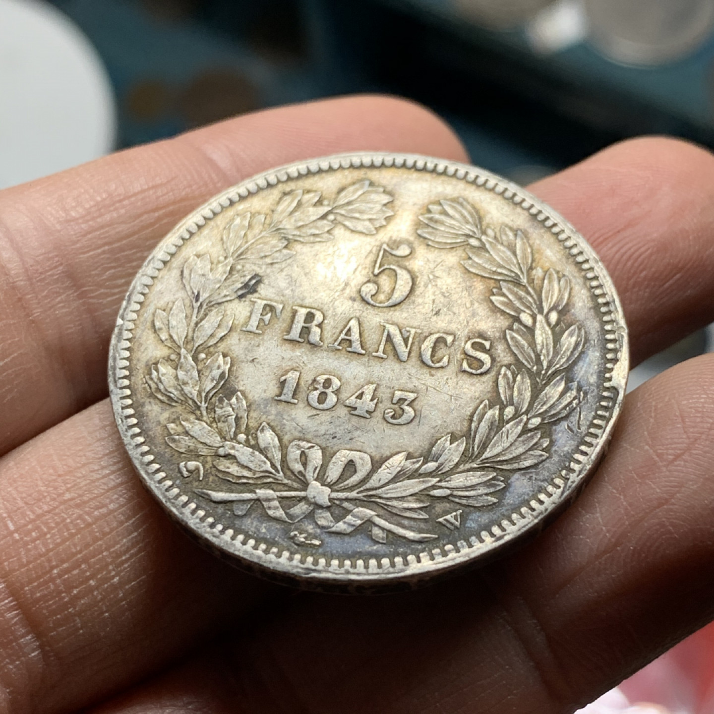 《竞宝斋》第30场-周日，周一，周二3场连拍（全场顺丰包邮） 法国 1843-W年 菲利普一世 5法郎 原味好品 大银币 月牙包浆 AU的状态