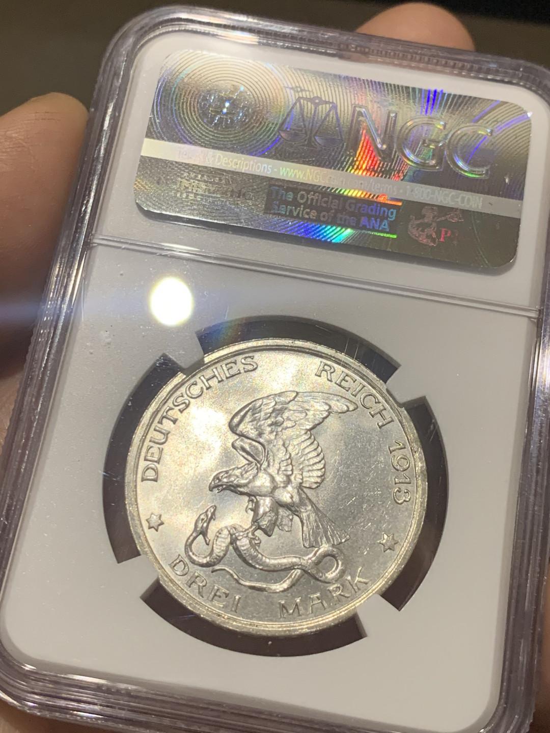 《竞宝斋》第30场-周日，周一，周二3场连拍（全场顺丰包邮） NGC-MS64 德国 普鲁士 1913-A 向拿破仑宣战100周年纪念 3马克 银币 银色原光