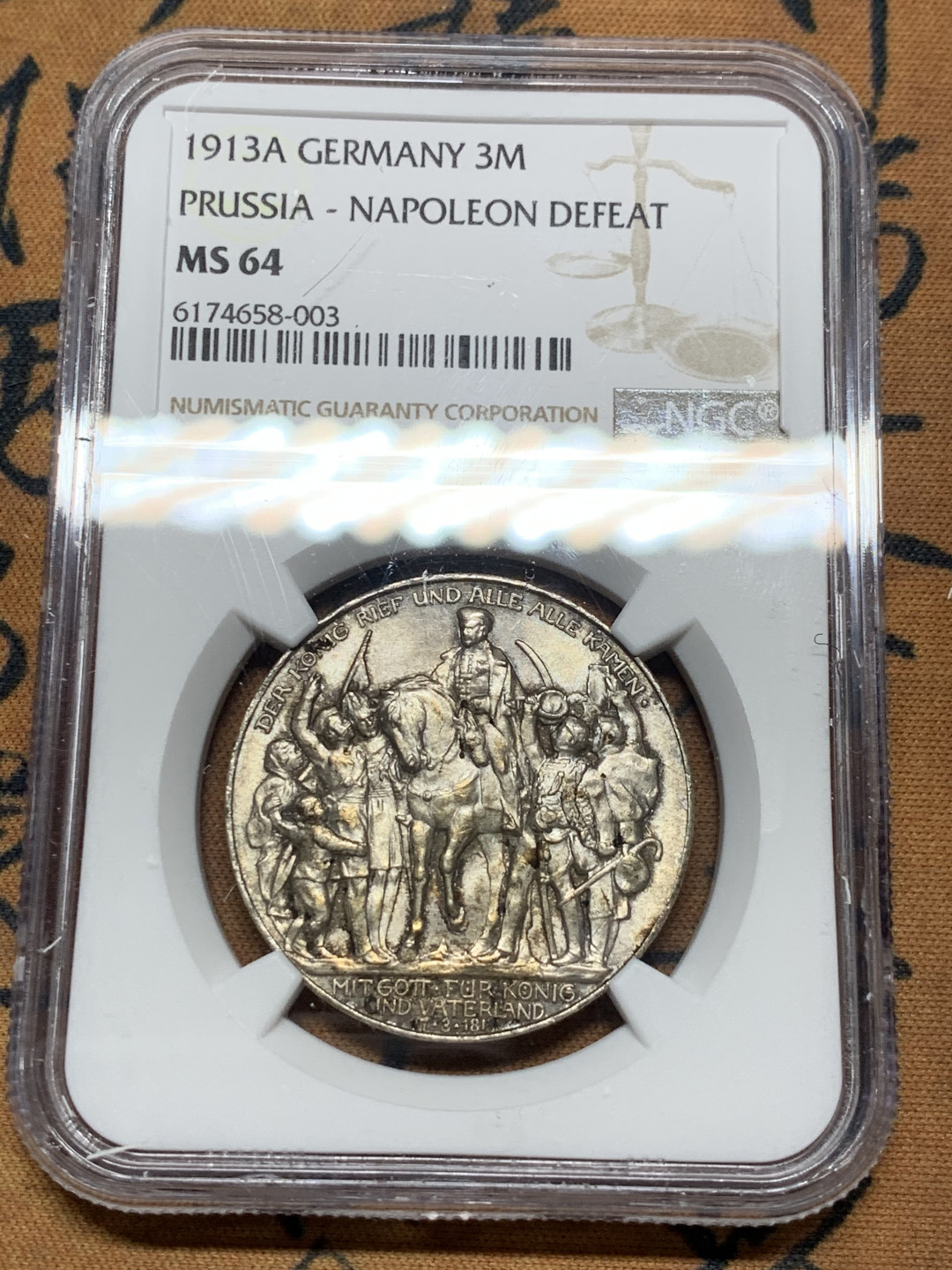 《竞宝斋》第30场-周日，周一，周二3场连拍（全场顺丰包邮） NGC-MS64 德国普法战争 1913年 3马克 银币 淡彩包浆 非常漂亮