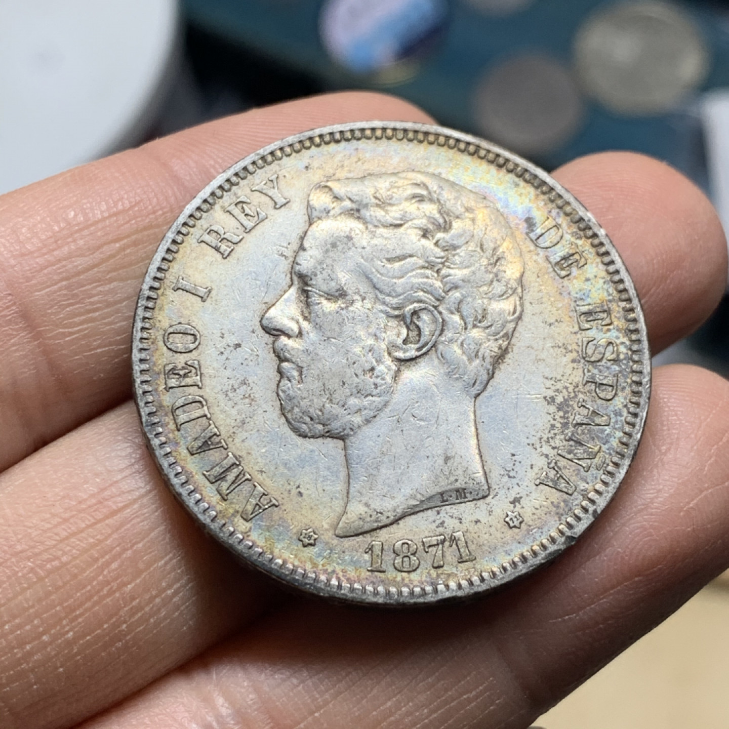 《竞宝斋》第30场-周日，周一，周二3场连拍（全场顺丰包邮） 西班牙 1871年 双柱 5比塞塔 银币 环彩包浆 非常漂亮