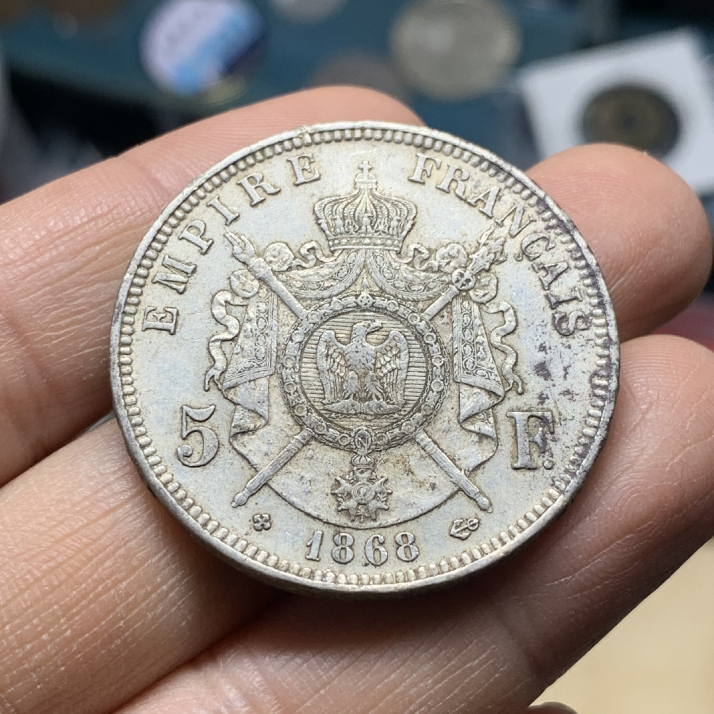 《竞宝斋》第30场-周日，周一，周二3场连拍（全场顺丰包邮） 法国 1868-BB年 拿破仑三世 5法郎 大银币 原味好品 AU状态