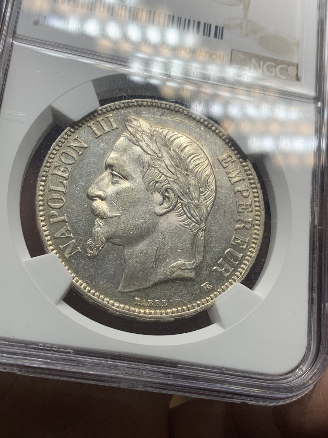 《竞宝斋》第30场-周日，周一，周二3场连拍（全场顺丰包邮） NGC-MS61 法国 1868年 拿破仑三世5法郎银币 全光状态 底板一流 