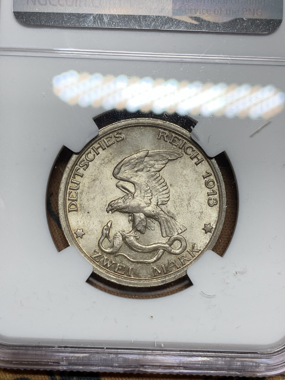 《竞宝斋》第30场-周日，周一，周二3场连拍（全场顺丰包邮） NGC-MS63 德国普法战争 1913年 2马克 银币 淡彩包浆 非常漂亮