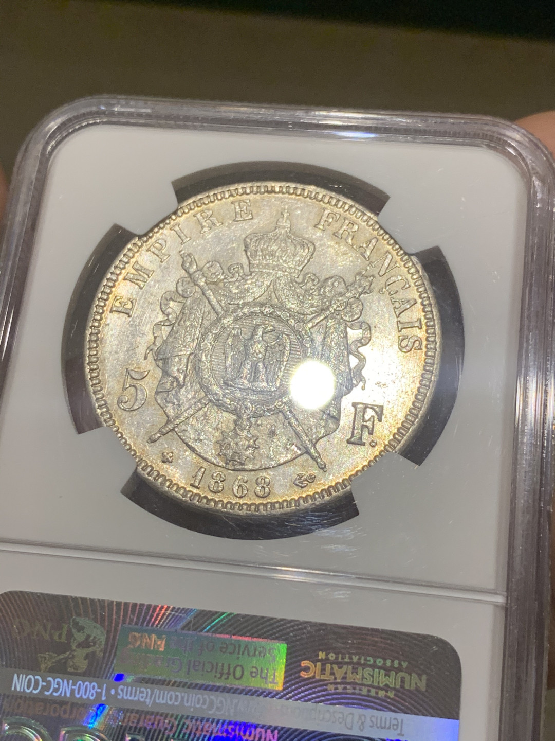 《竞宝斋》第30场-周日，周一，周二3场连拍（全场顺丰包邮） NGC-MS61 法国 1868年 拿破仑三世5法郎银币 全光状态 底板一流 