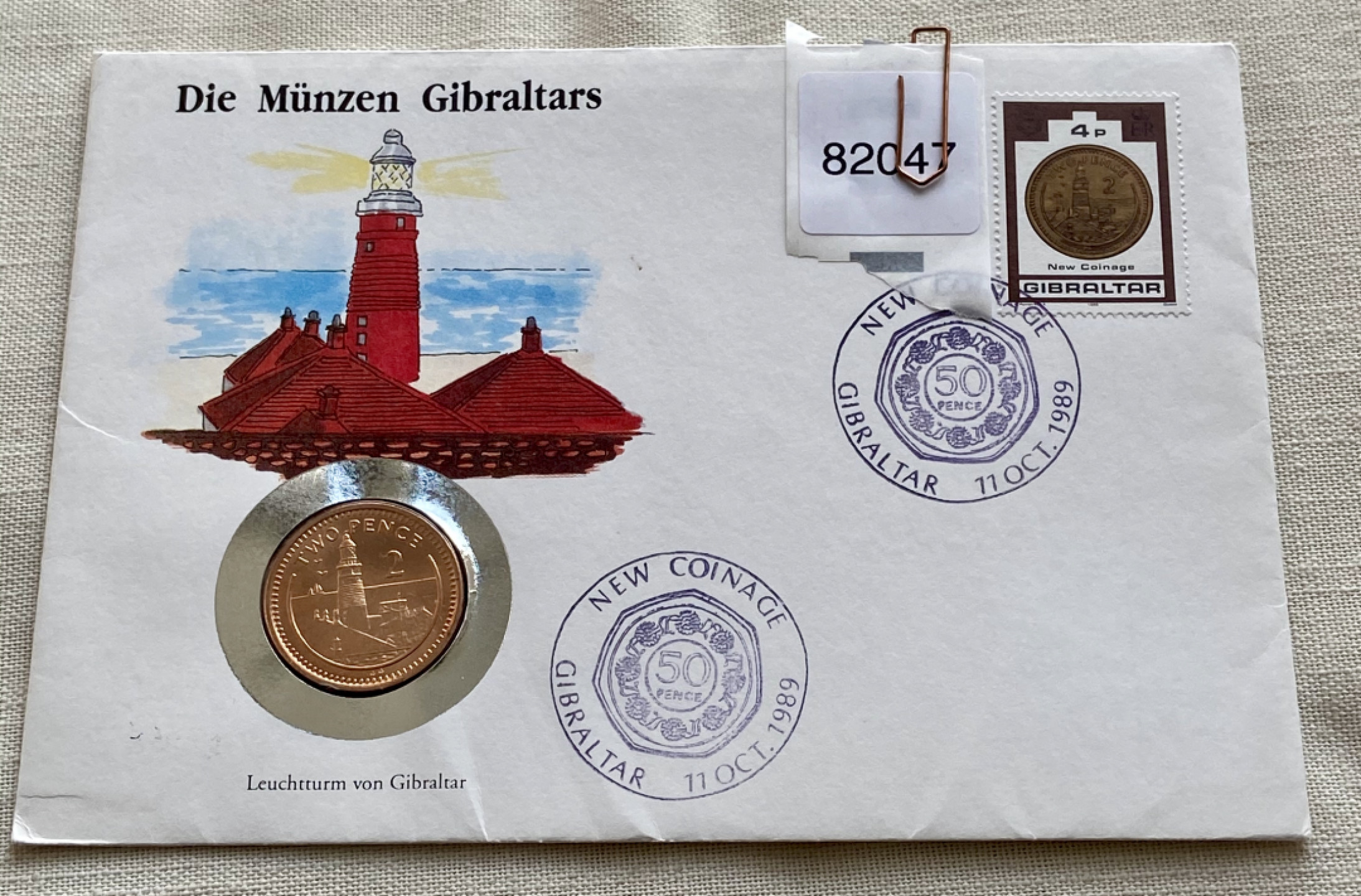 【Numismatist】第四场-0起拍-0佣金-包邮-世界硬币 直布罗陀2便士首日封 邮票和硬币成对 