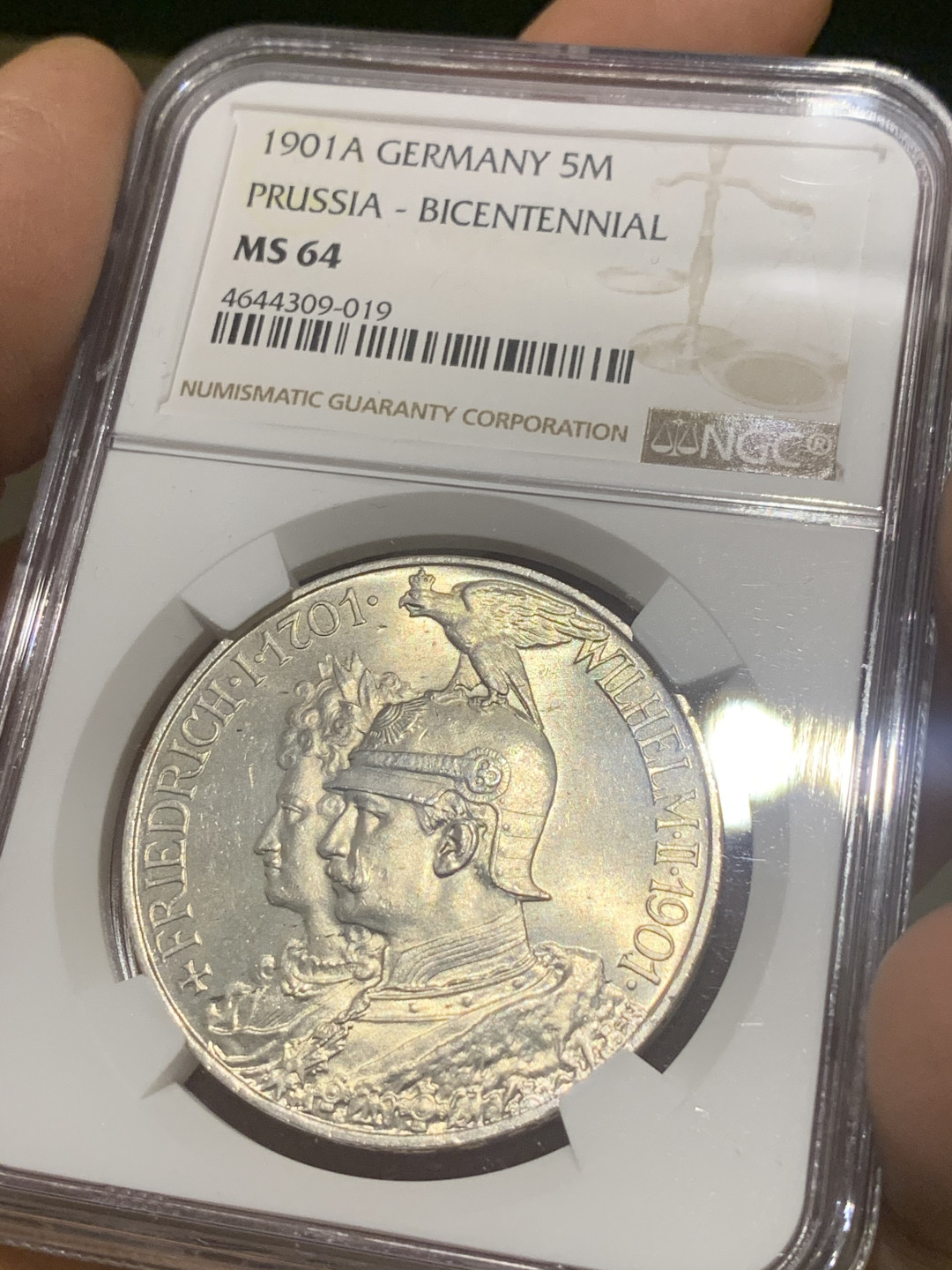 《竞宝斋》第30场-周日，周一，周二3场连拍（全场顺丰包邮） NGC-MS64 德国 普鲁士 1901-A 普鲁士建国200周年纪念 5马克 银币 淡黄包浆