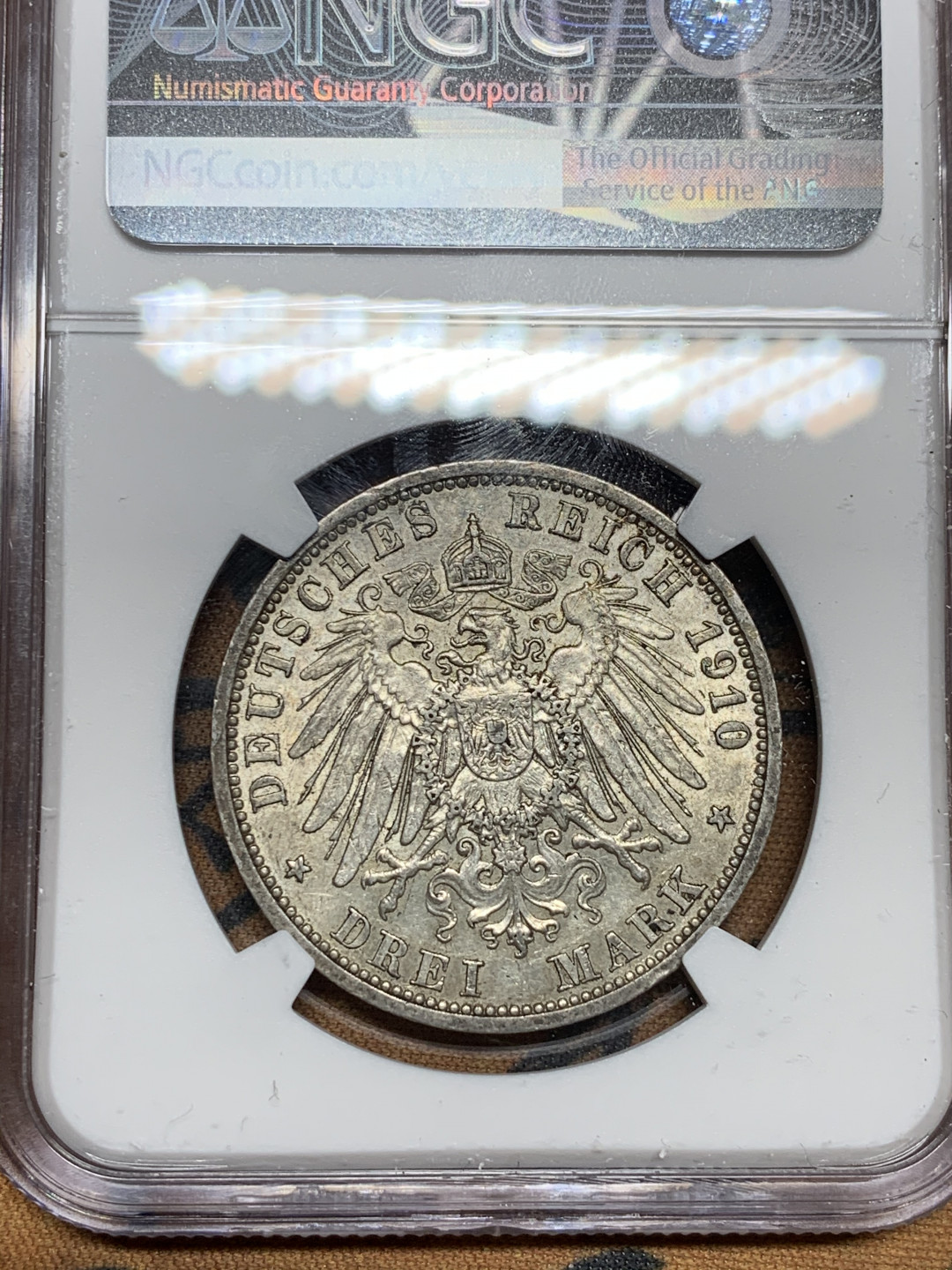 《竞宝斋》第30场-周日，周一，周二3场连拍（全场顺丰包邮） NGC-AU58 德国普鲁士 威廉二世 1910年 3马克 银币 原光好品