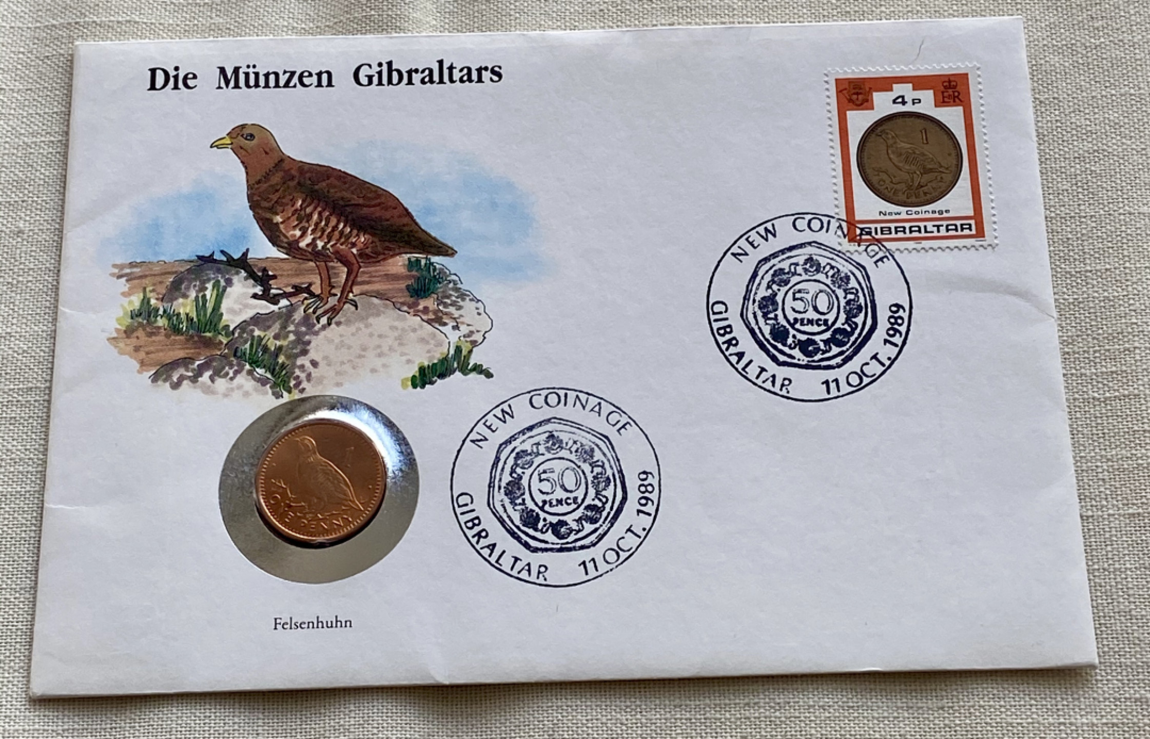 【Numismatist】第四场-0起拍-0佣金-包邮-世界硬币 直布罗陀1便士首日封 邮票和硬币成对 