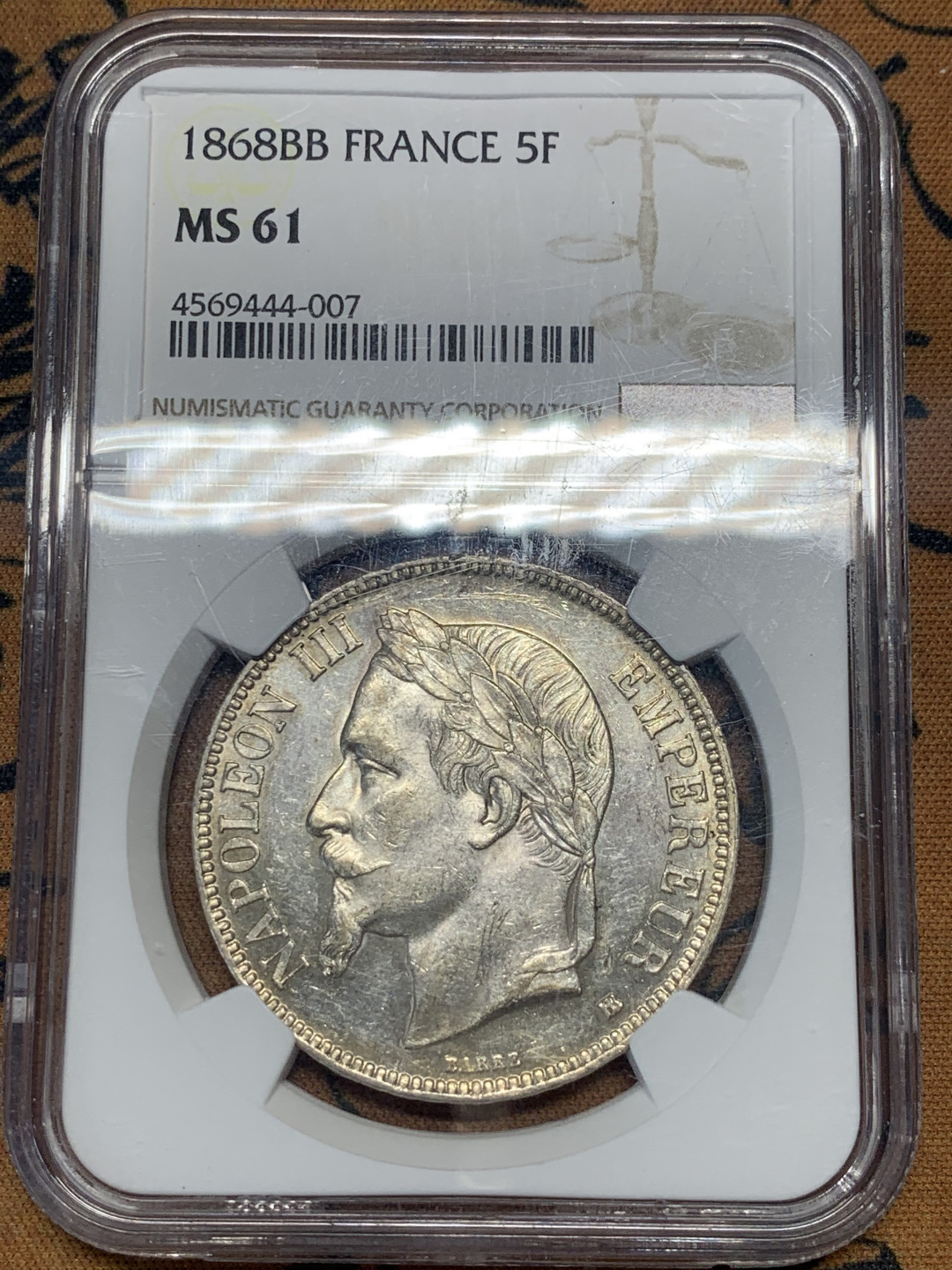 《竞宝斋》第30场-周日，周一，周二3场连拍（全场顺丰包邮） NGC-MS61 法国 1868年 拿破仑三世5法郎银币 全光状态 底板一流 