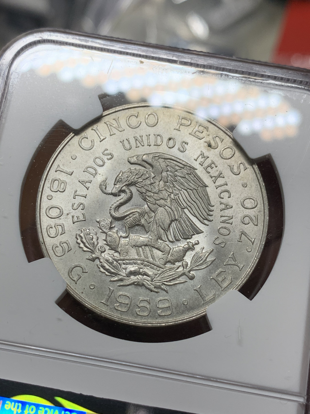 《竞宝斋》第30场-周日，周一，周二3场连拍（全场顺丰包邮） NGC-MS65 墨西哥 1959年 卡兰萨百年纪念 5比索 银币 普通品种就是分高而已