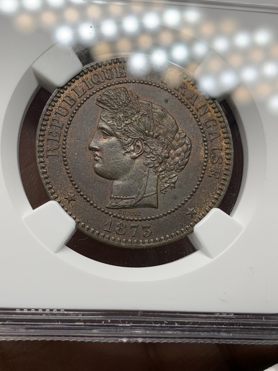 《竞宝斋》第30场-周日，周一，周二3场连拍（全场顺丰包邮） 亚军 NGC-MS62 法国 1873-A年 谷物女神 10分 铜币 好品辅币非常难得