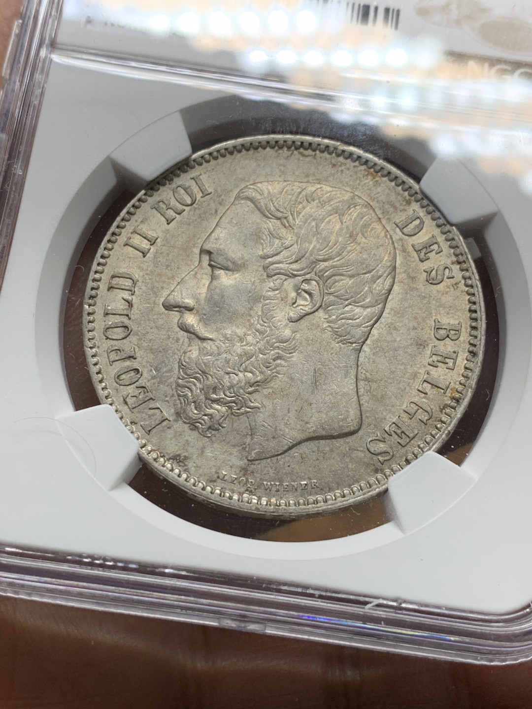 《竞宝斋》第30场-周日，周一，周二3场连拍（全场顺丰包邮） NGC-MS62 比利时 1873年 利奥波德二世 5法郎 大银币 原光好品 细节一流