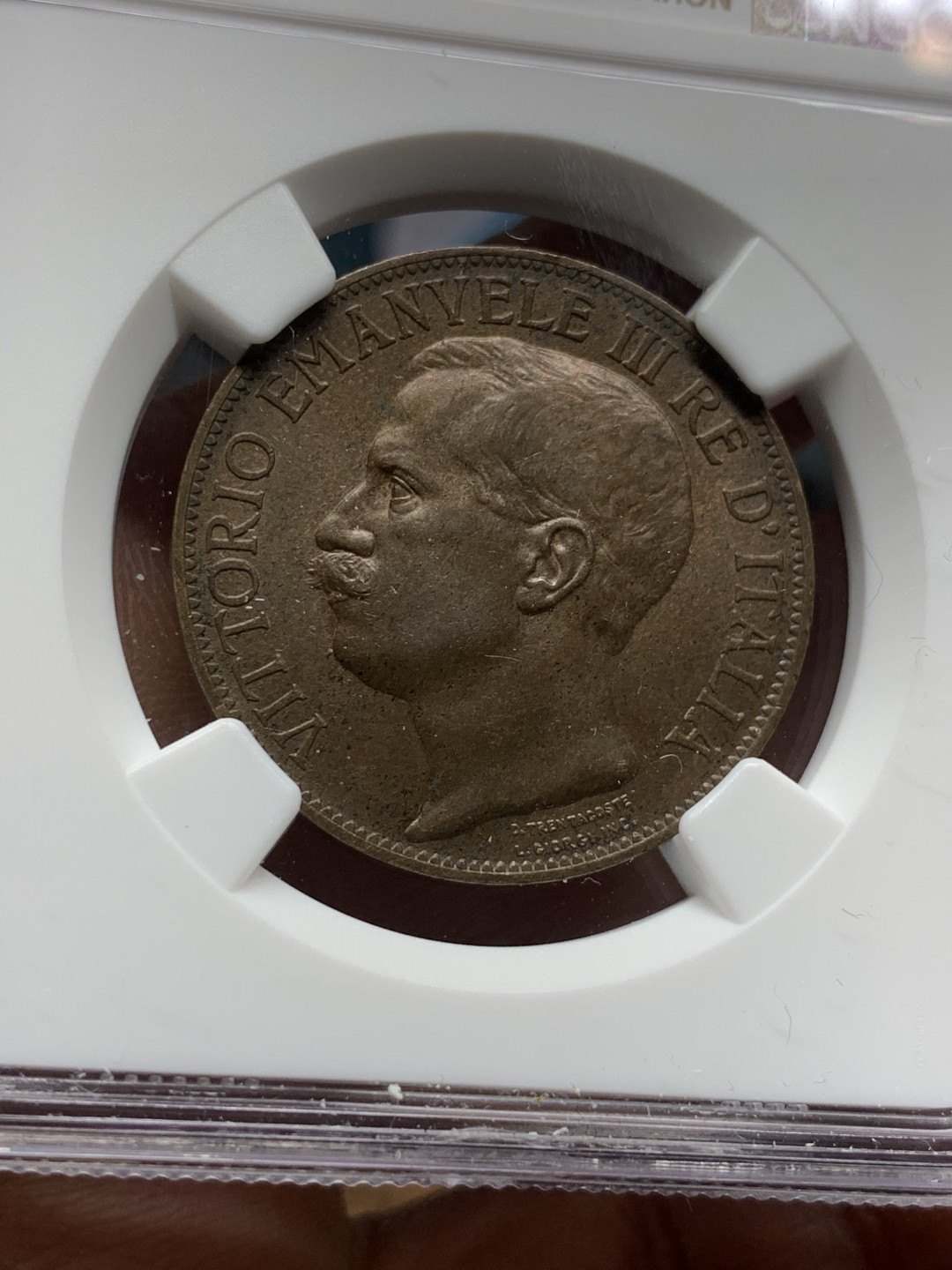 《竞宝斋》第30场-周日，周一，周二3场连拍（全场顺丰包邮） NGC-MS63 意大利 1911年 托奶10分 铜币 难得好品