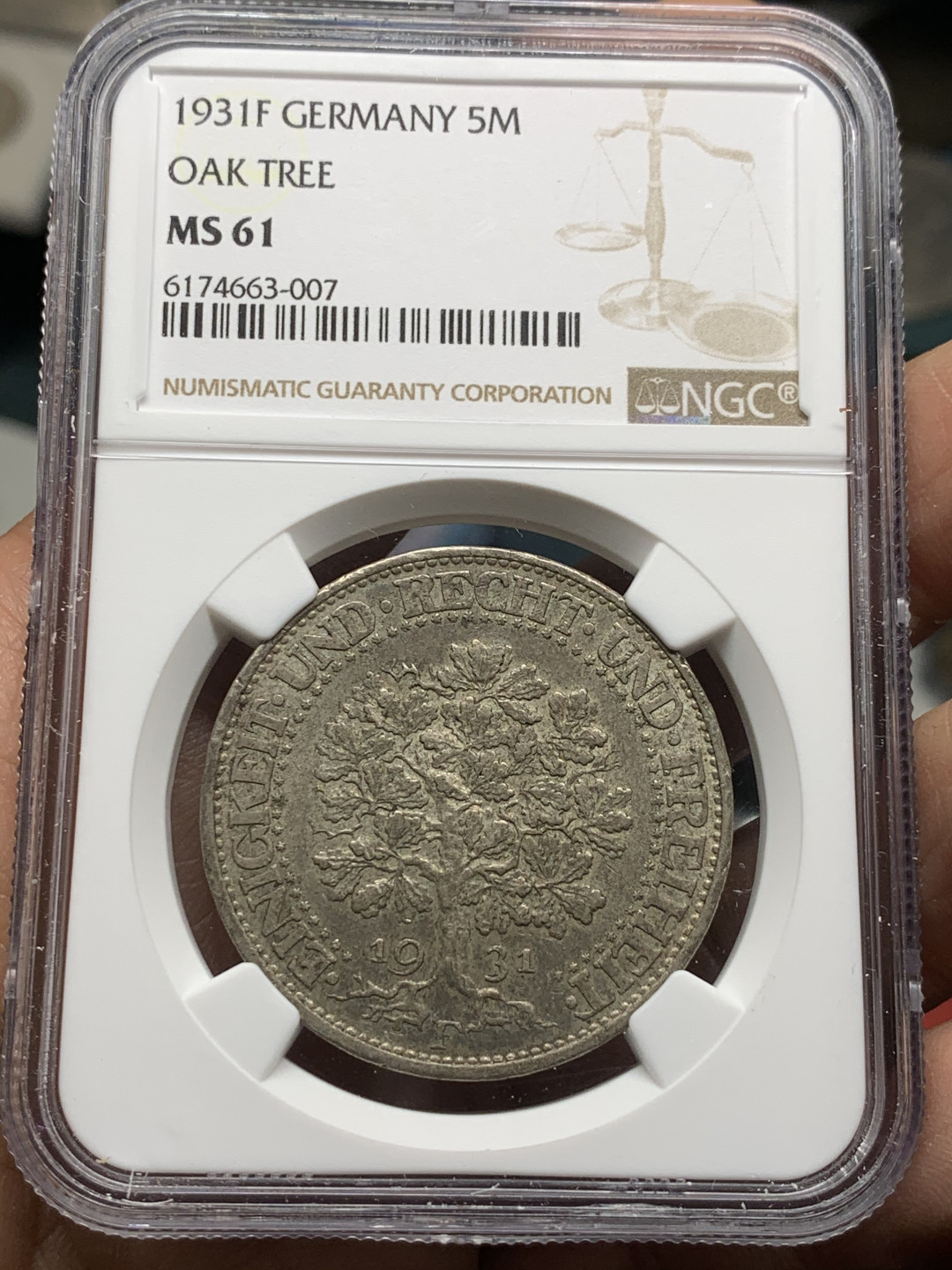 《竞宝斋》第30场-周日，周一，周二3场连拍（全场顺丰包邮） NGC-MS61 德国魏玛共和国 1931-F年 橡树 5马克 大银币 好品带光