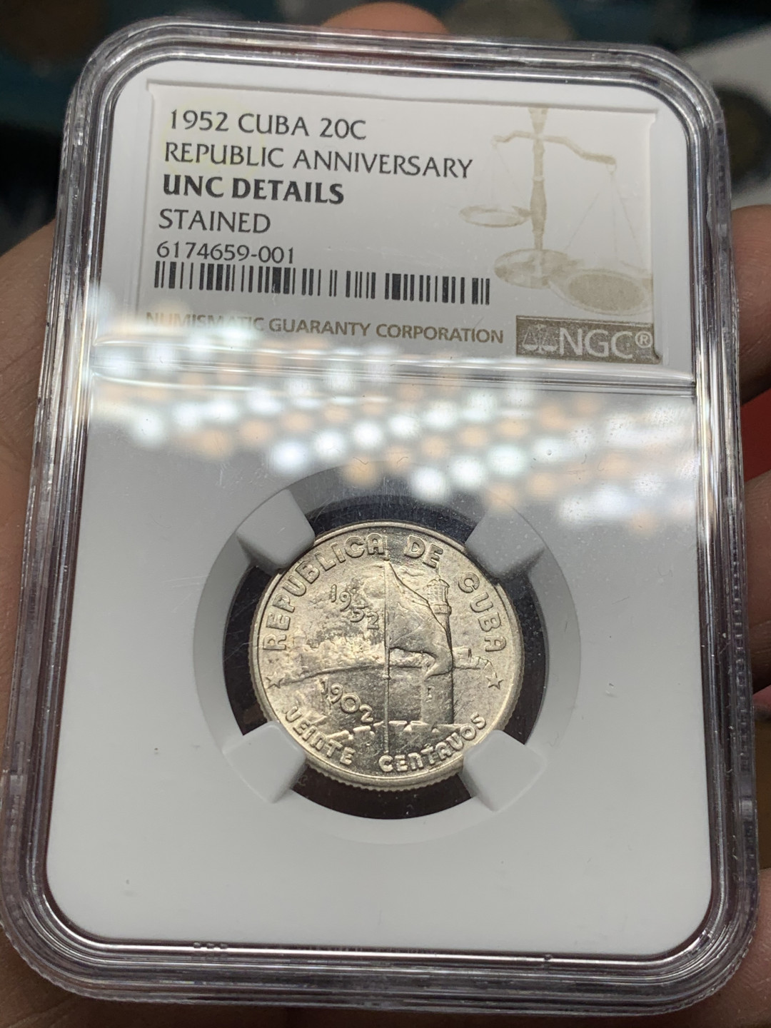 《竞宝斋》第30场-周日，周一，周二3场连拍（全场顺丰包邮） NGC-UNC 古巴 1952年 50周年纪念 20分银币 很好的光度 没给分可惜了