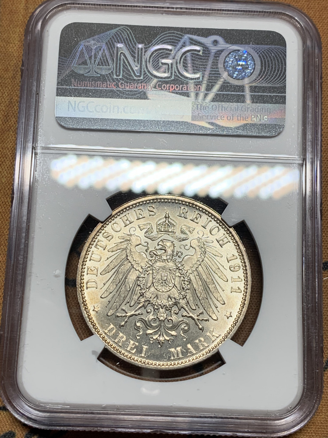 《竞宝斋》第30场-周日，周一，周二3场连拍（全场顺丰包邮） NGC-UNC 德国巴伐利亚 1911年 90周年纪念 3马克 银币 原光原味好品 错杀没给分可惜