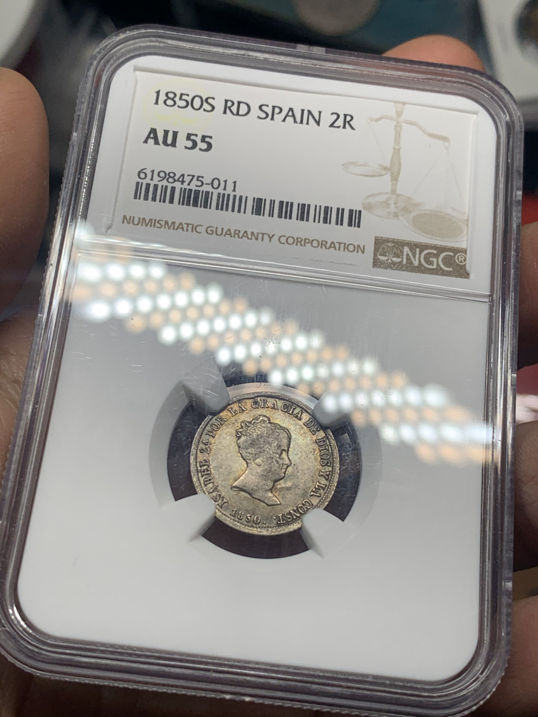 《竞宝斋》第30场-周日，周一，周二3场连拍（全场顺丰包邮） NGC AU55 西班牙 1850年S版 伊莎贝拉二世 2R 银币 五彩包浆，细节保存的很好