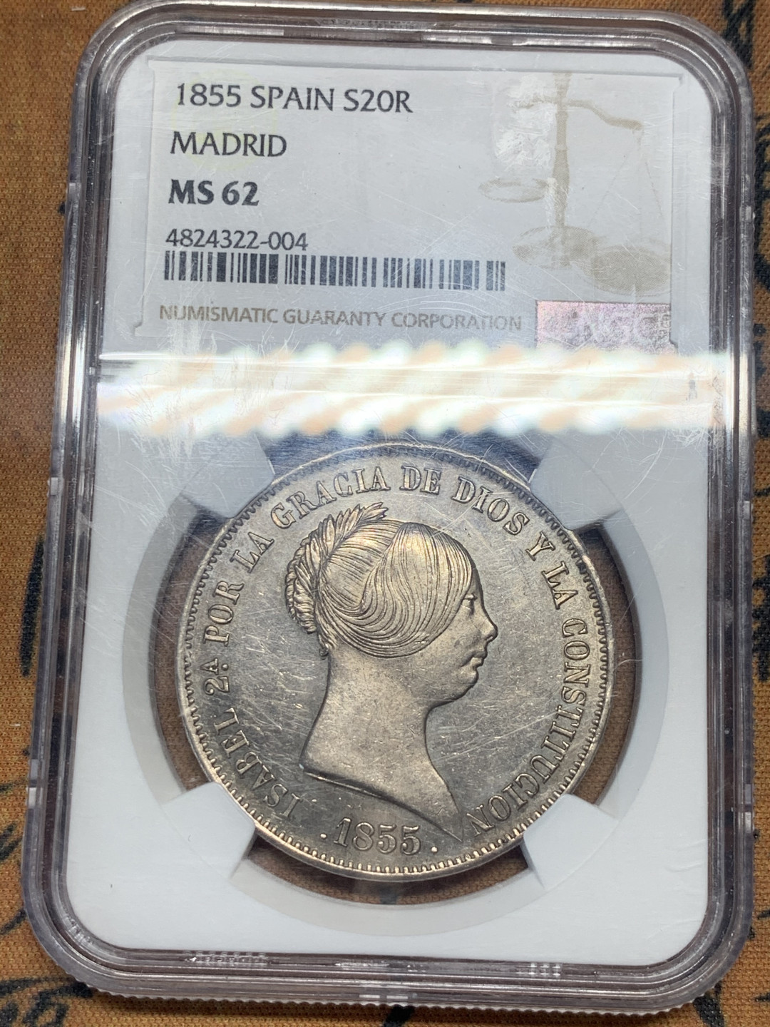 《竞宝斋》第30场-周日，周一，周二3场连拍（全场顺丰包邮） NGC-MS62 西班牙 1855年 伊莎贝尔二世（猪头妹） 20瑞尔大银币 高分少见 