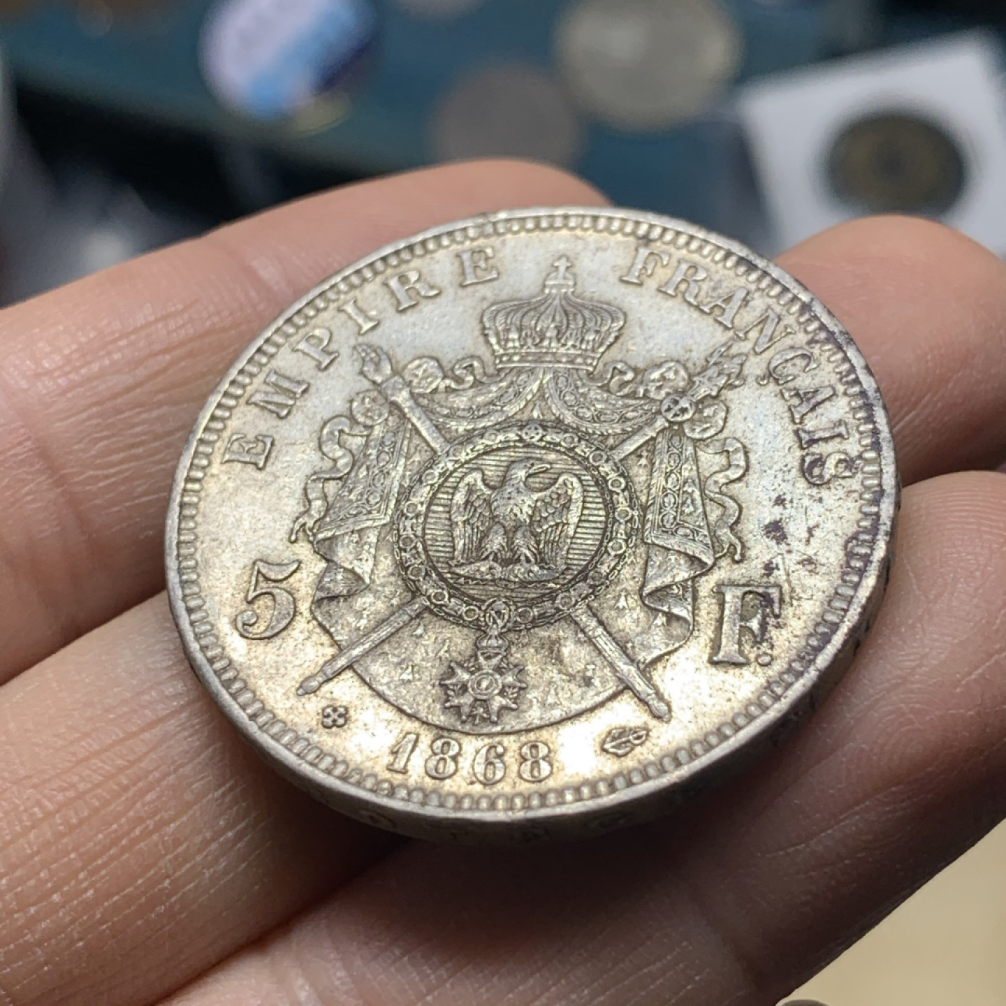 《竞宝斋》第30场-周日，周一，周二3场连拍（全场顺丰包邮） 法国 1868-BB年 拿破仑三世 5法郎 大银币 原味好品 AU状态