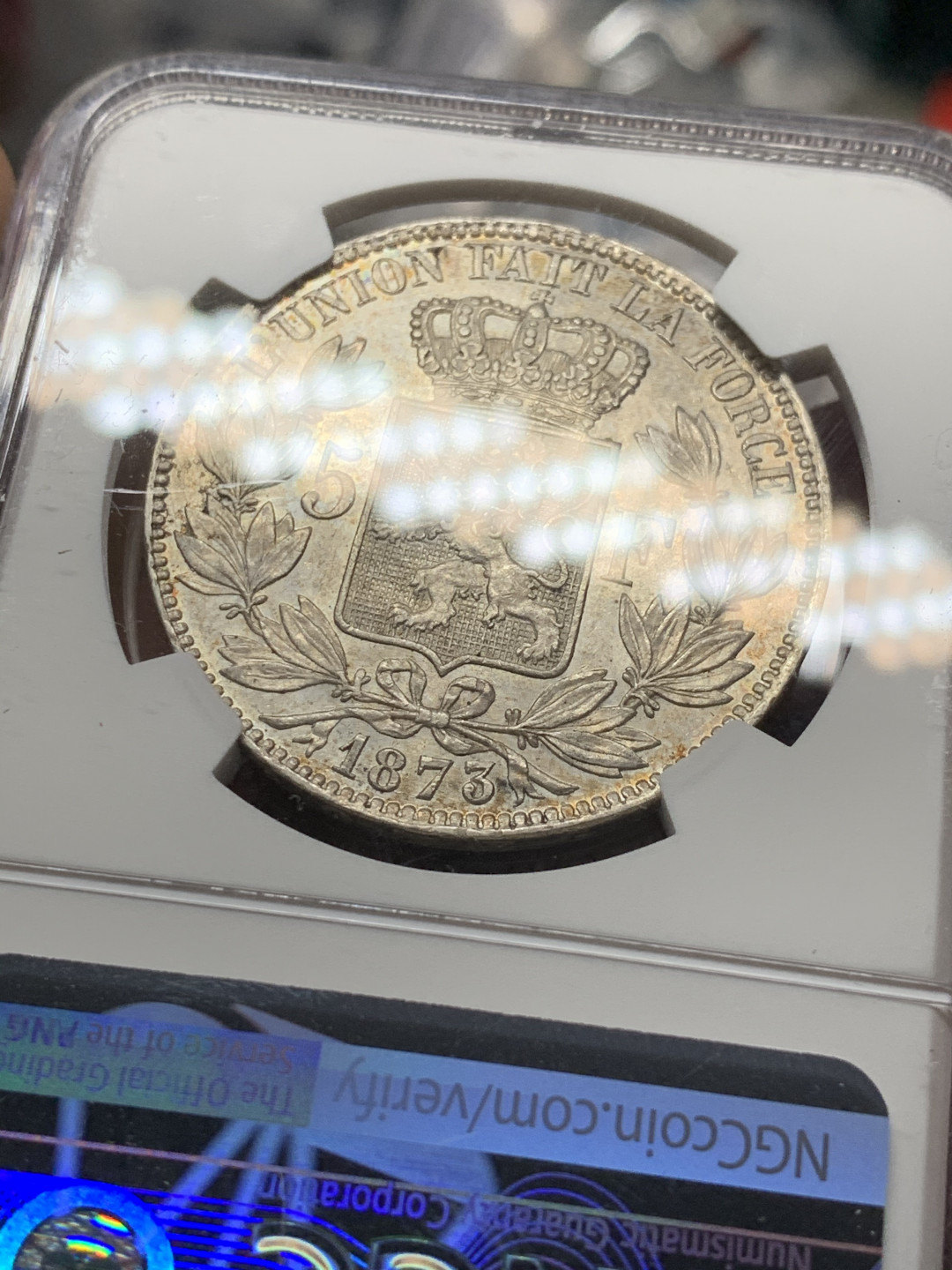 《竞宝斋》第30场-周日，周一，周二3场连拍（全场顺丰包邮） NGC-MS62 比利时 1873年 利奥波德二世 5法郎 大银币 原光好品 细节一流