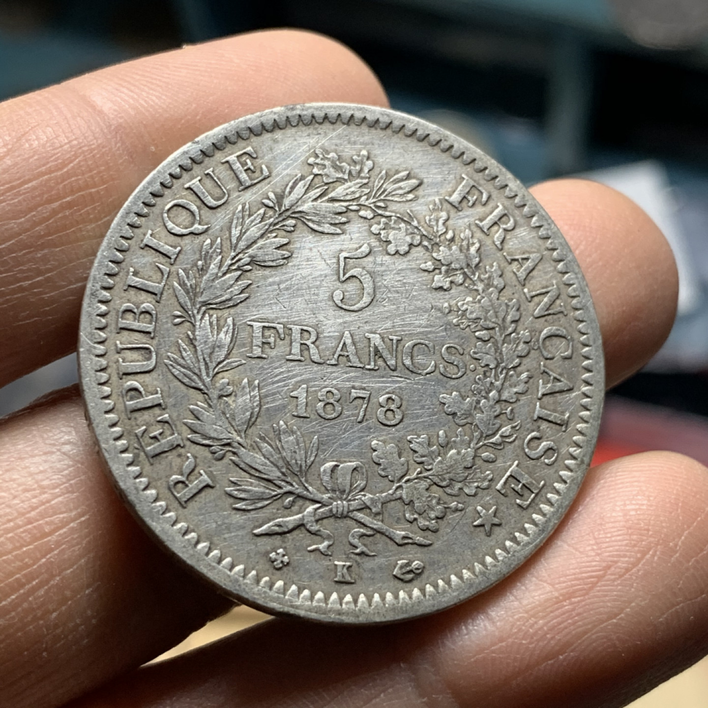 《竞宝斋》第30场-周日，周一，周二3场连拍（全场顺丰包邮） 法国 1878-K年 大力神 5法郎 大银币 稀少年份 非常少见