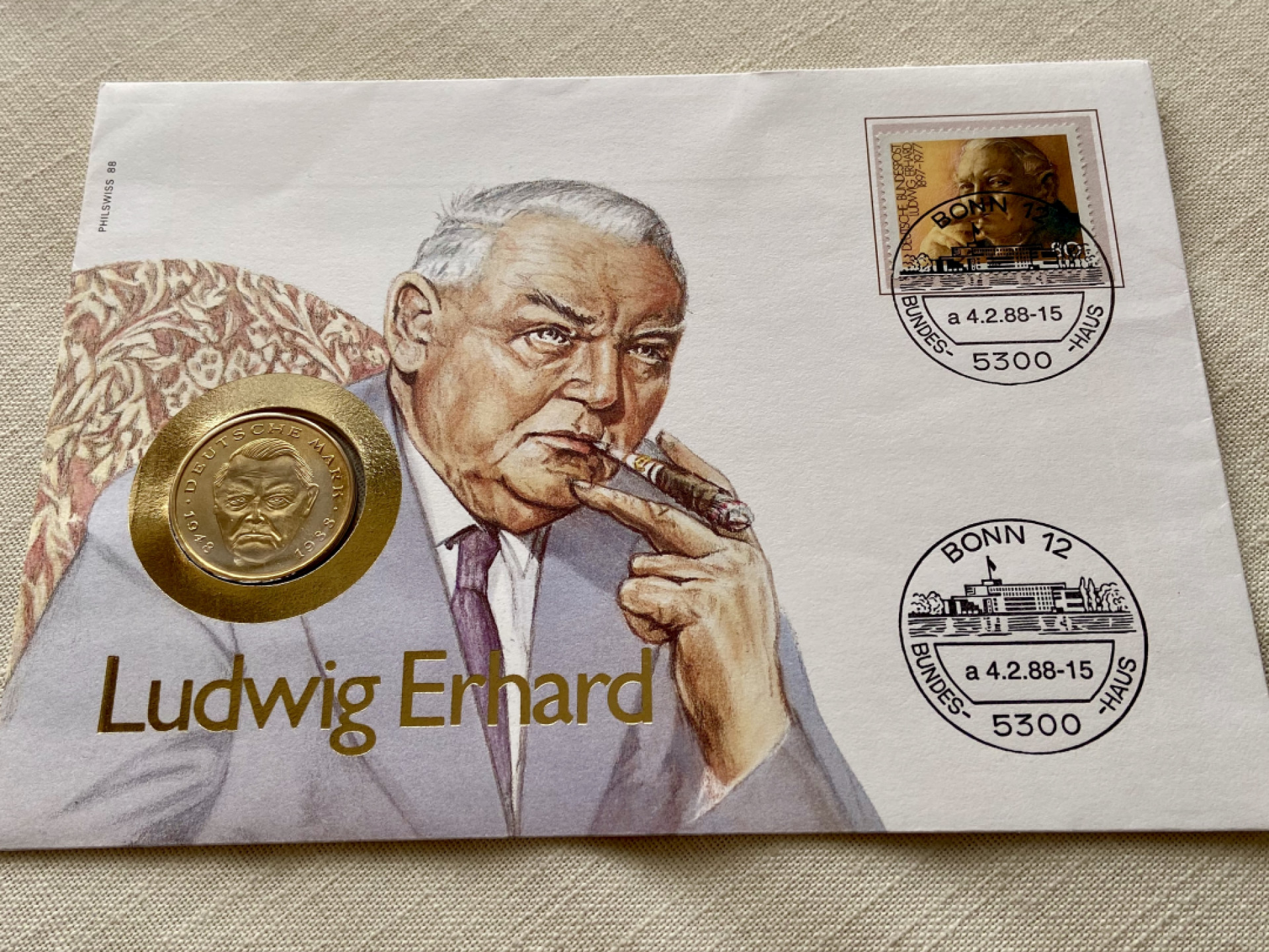 【Numismatist】第四场-0起拍-0佣金-包邮-世界硬币 德国1988年2马克 路德维希·艾哈德  邮票和硬币对应