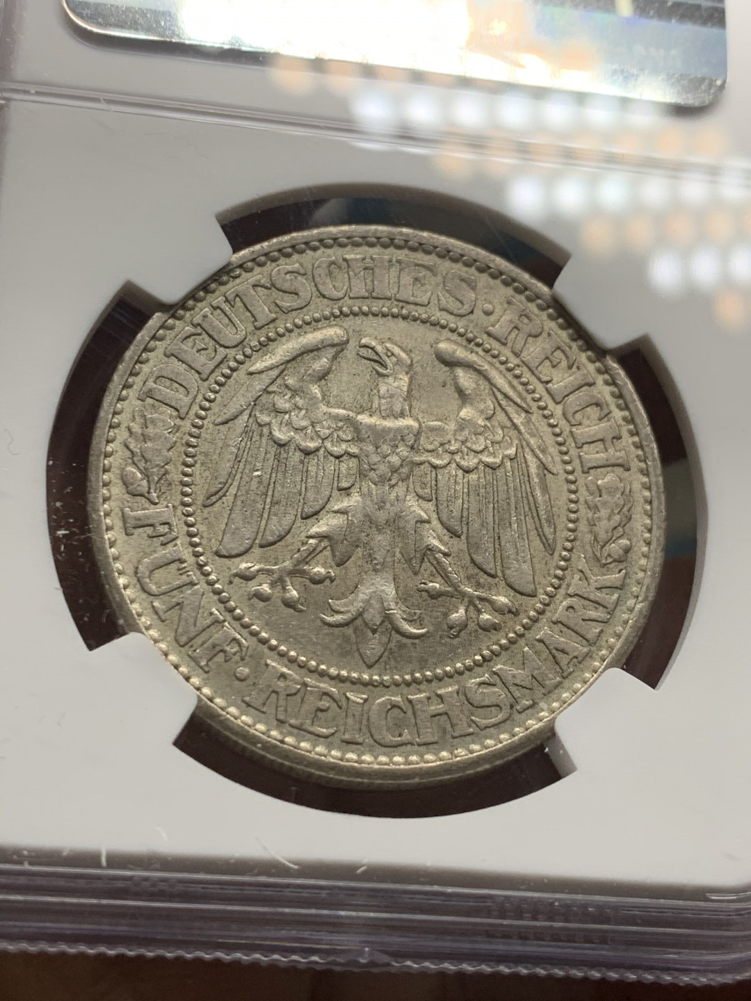 《竞宝斋》第30场-周日，周一，周二3场连拍（全场顺丰包邮） NGC-MS61 德国魏玛共和国 1931-F年 橡树 5马克 大银币 好品带光