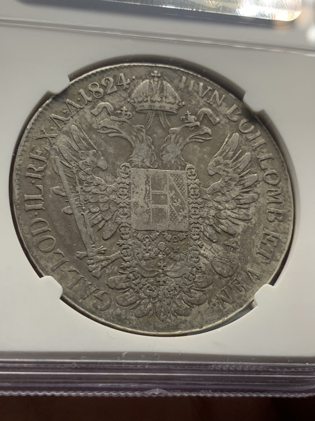 《竞宝斋》第30场-周日，周一，周二3场连拍（全场顺丰包邮） NGC-VFD 1824年奥地利帝国弗朗茨一世泰勒 早期长发版