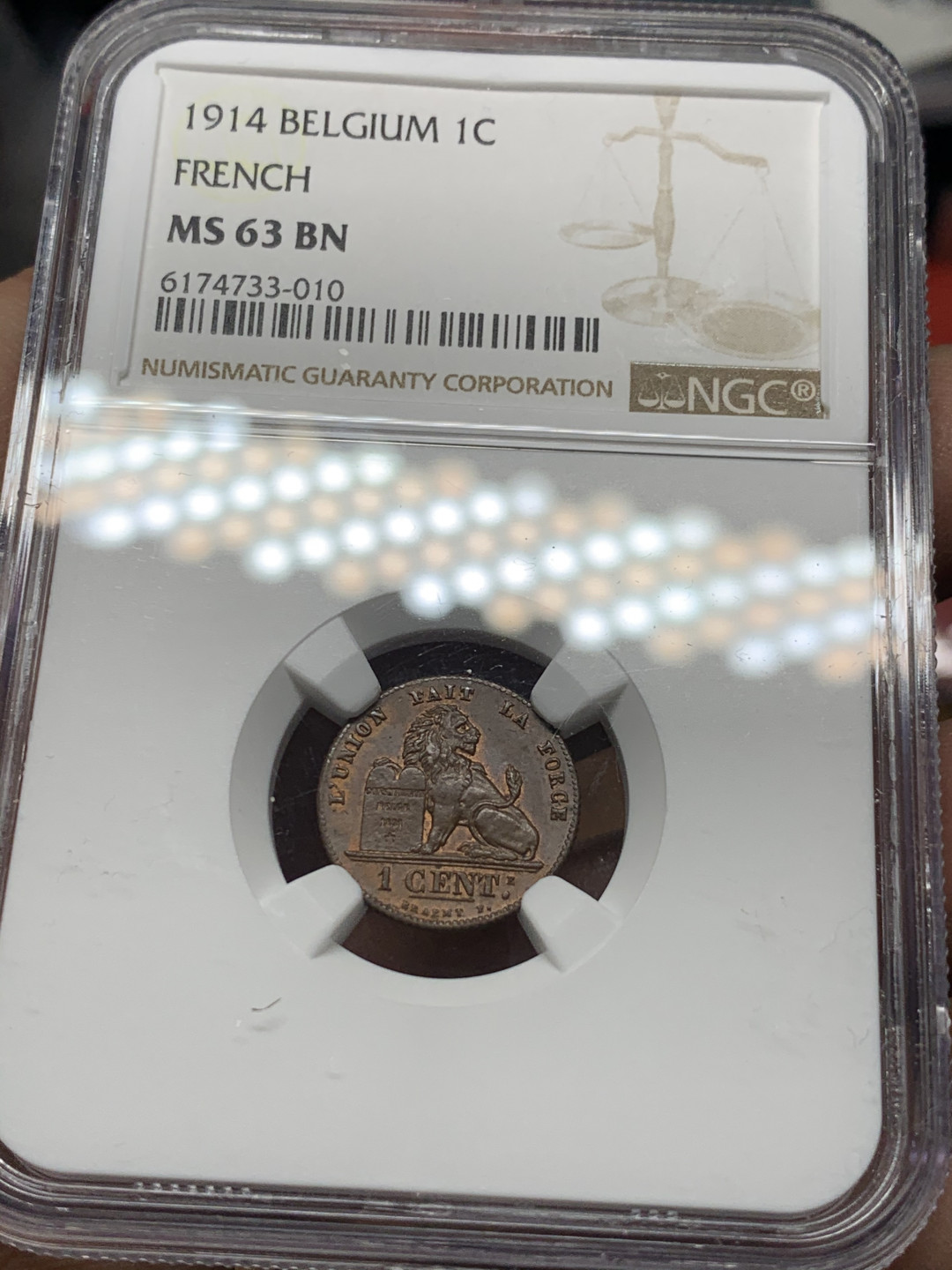 《竞宝斋》第30场-周日，周一，周二3场连拍（全场顺丰包邮） NGC-MS63 比利时 1914年 雄狮 原光1分 铜币 少见的辅币