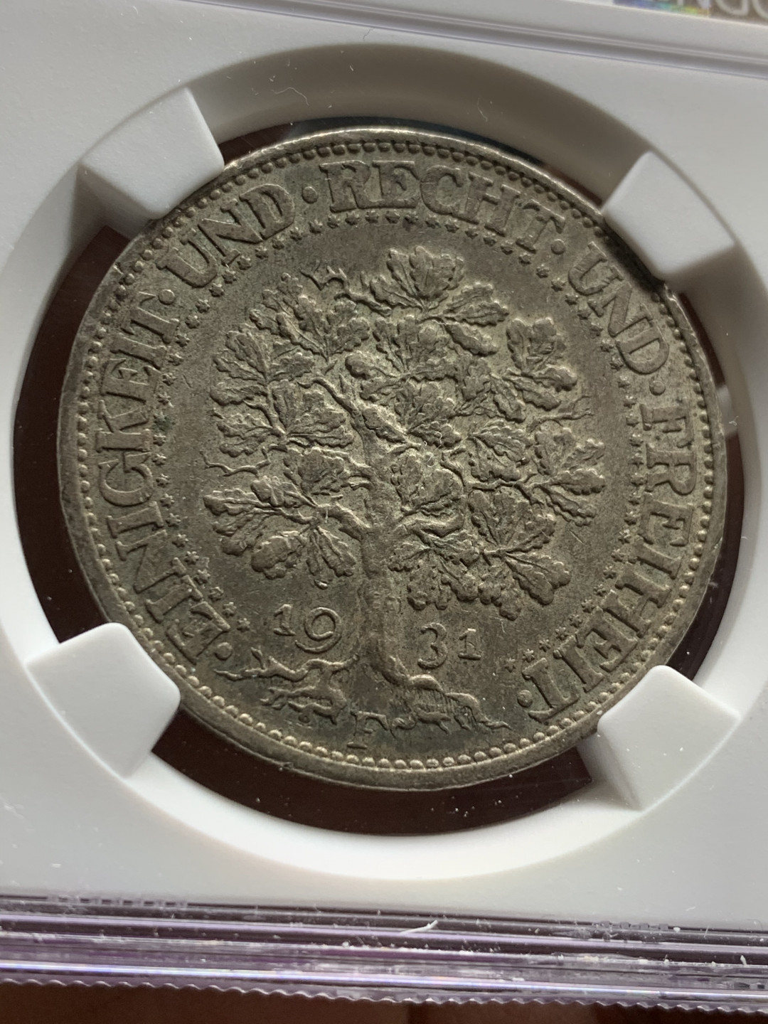 《竞宝斋》第30场-周日，周一，周二3场连拍（全场顺丰包邮） NGC-MS61 德国魏玛共和国 1931-F年 橡树 5马克 大银币 好品带光