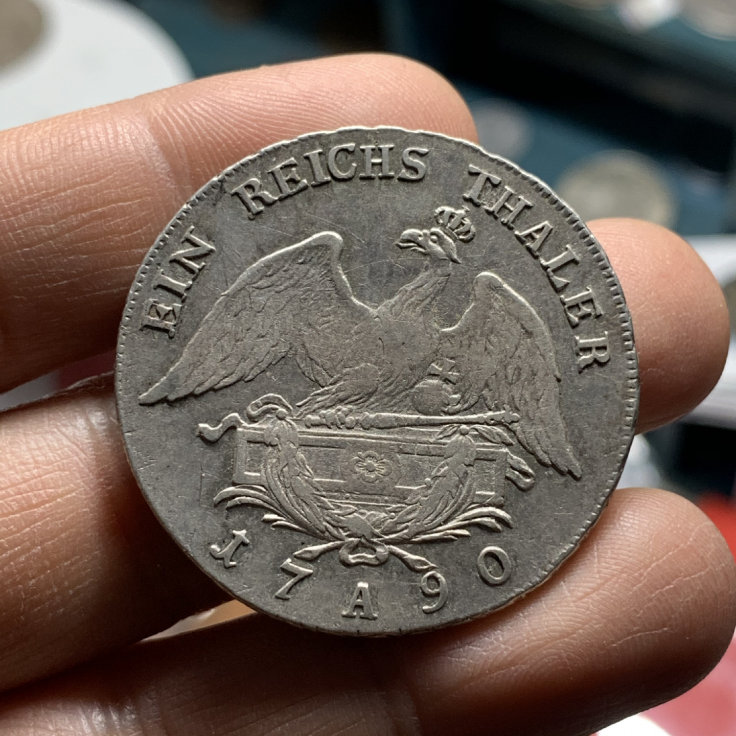 《竞宝斋》第30场-周日，周一，周二3场连拍（全场顺丰包邮） 德国 普鲁士 腓特烈 1790年A版 炮鹰泰勒 大银币 37.7mm，22.1克