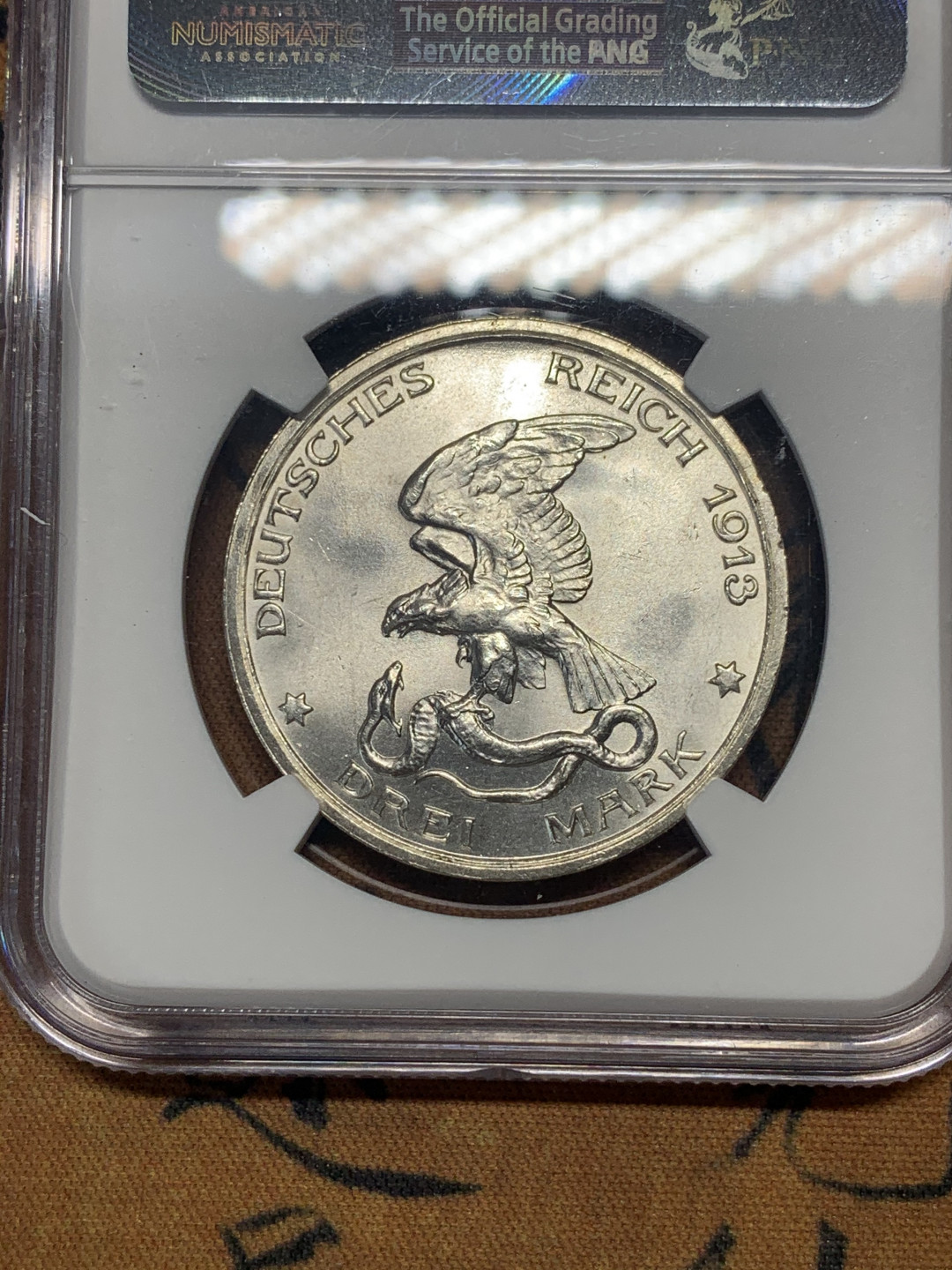 《竞宝斋》第30场-周日，周一，周二3场连拍（全场顺丰包邮） NGC-MS64 德国 普鲁士 1913-A 向拿破仑宣战100周年纪念 3马克 银币 银色原光